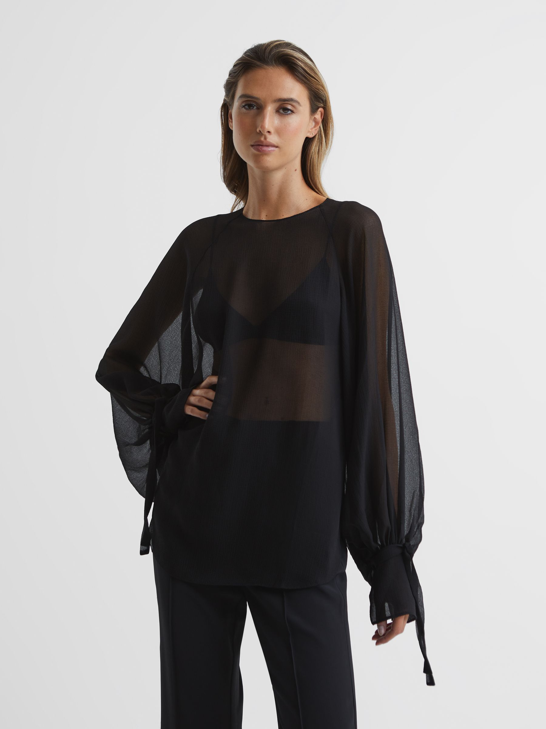 Blouson Sleeve Sheer Blouse in Black - Image 1 of 7 Blouson Sleeve Sheer Blouse in Black - Image 1 of 7