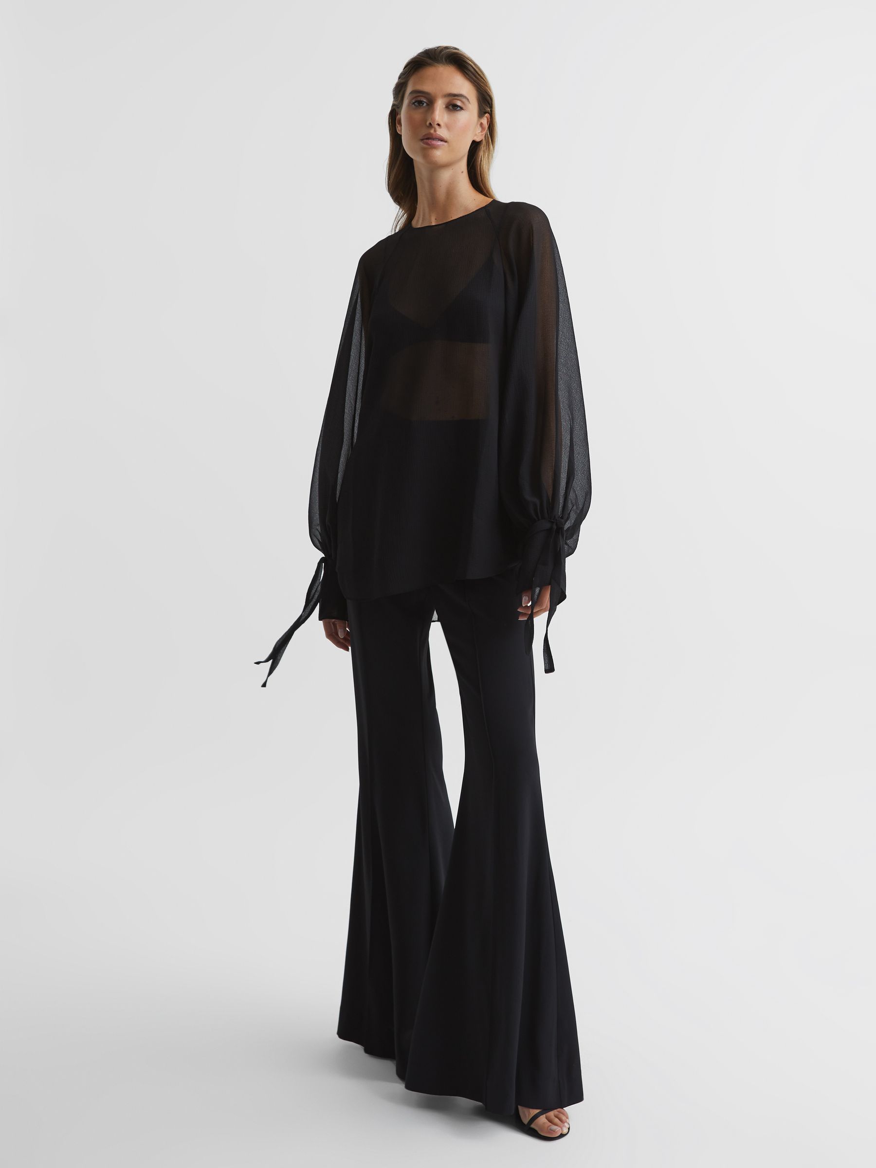 Blouson Sleeve Sheer Blouse in Black - Image 3 of 7