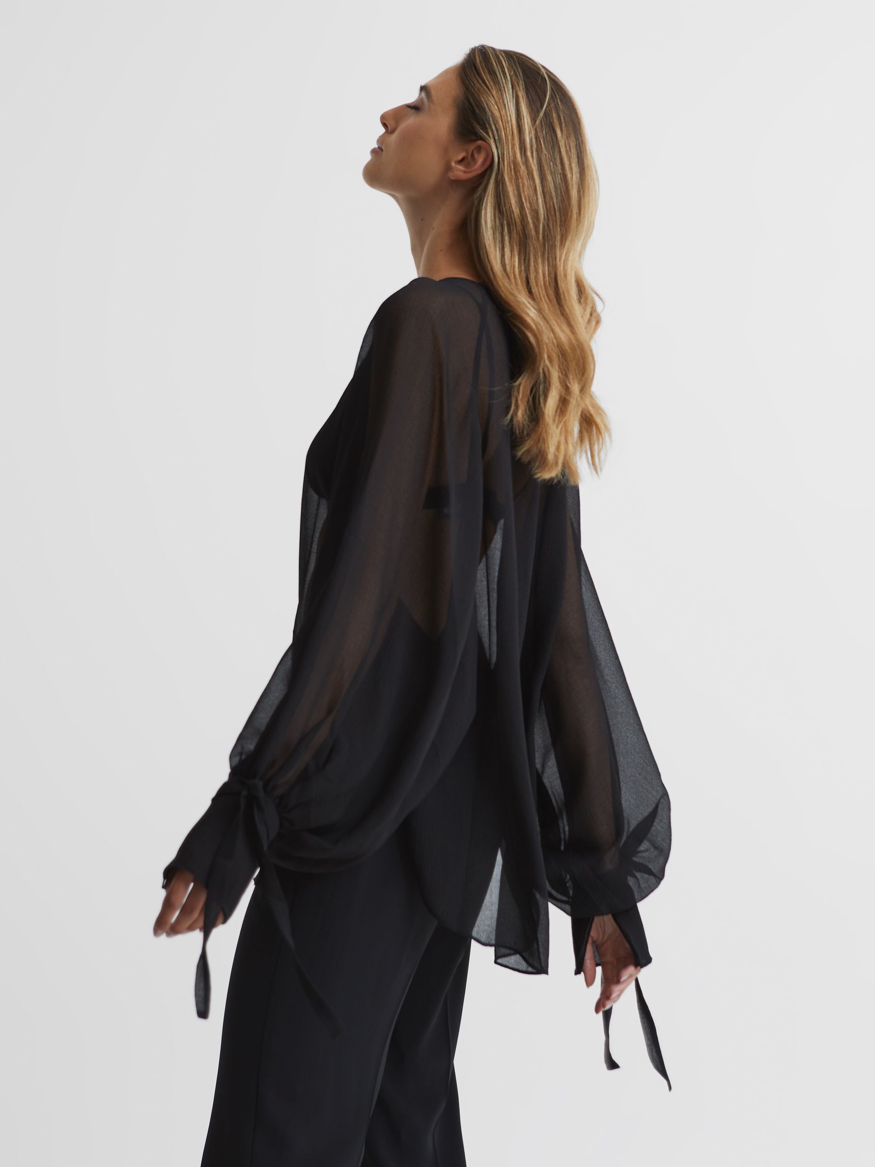 Blouson Sleeve Sheer Blouse in Black - Image 4 of 7