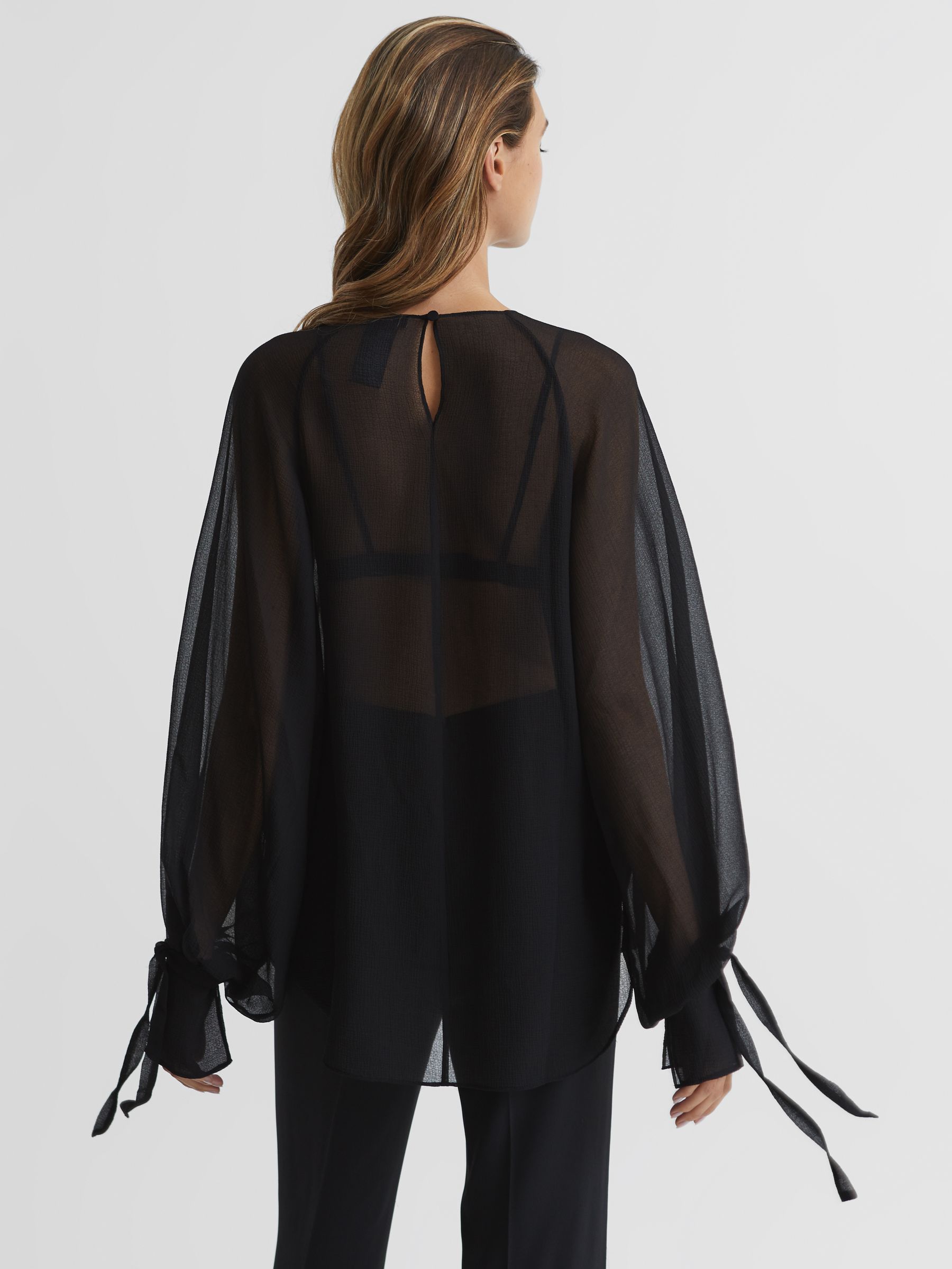 Blouson Sleeve Sheer Blouse in Black - Image 5 of 7