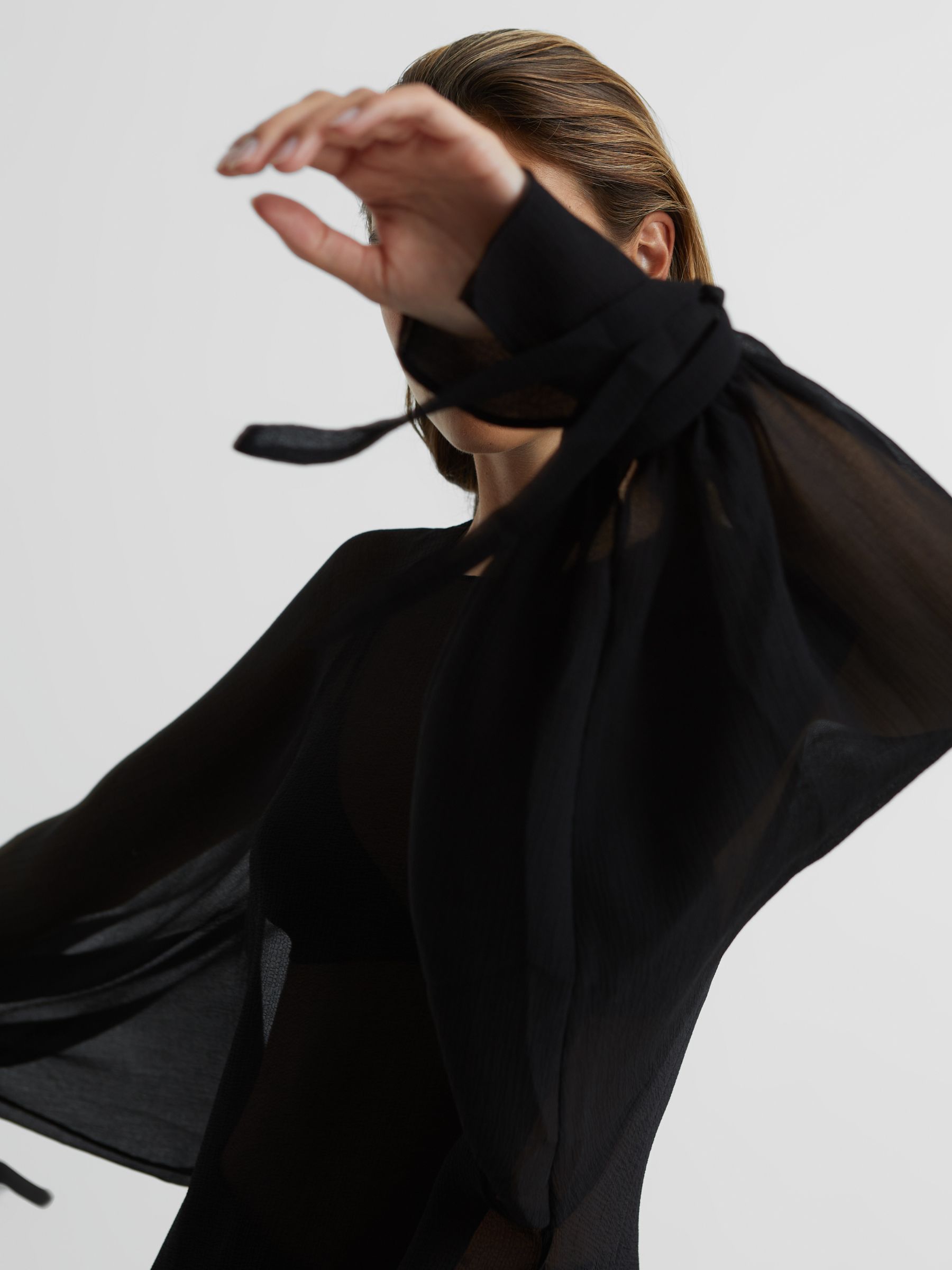 Blouson Sleeve Sheer Blouse in Black - Image 6 of 7