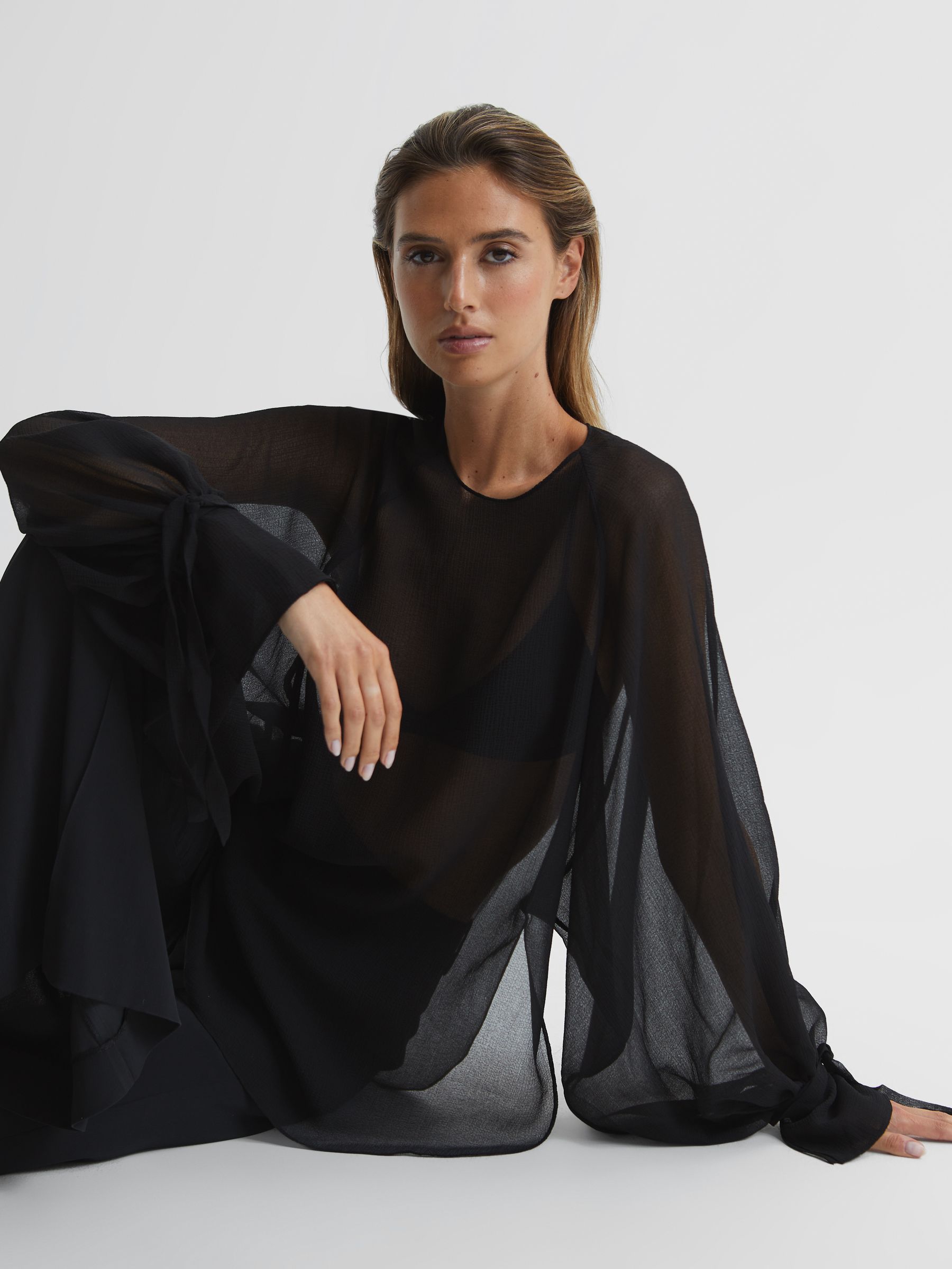 Blouson Sleeve Sheer Blouse in Black - Image 7 of 7