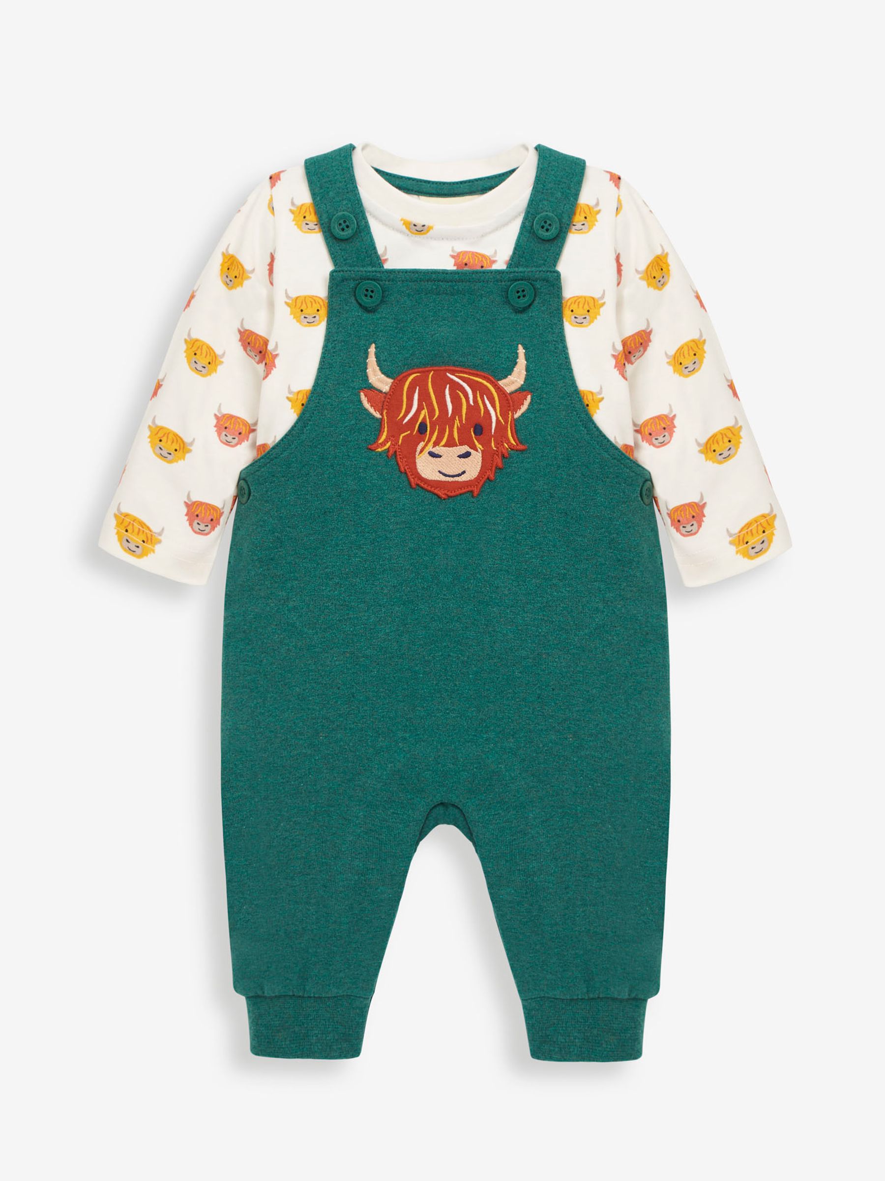 Green 2-Piece Highland Cow Appliqué Dungarees & Print Top Set - Image 1 of 3