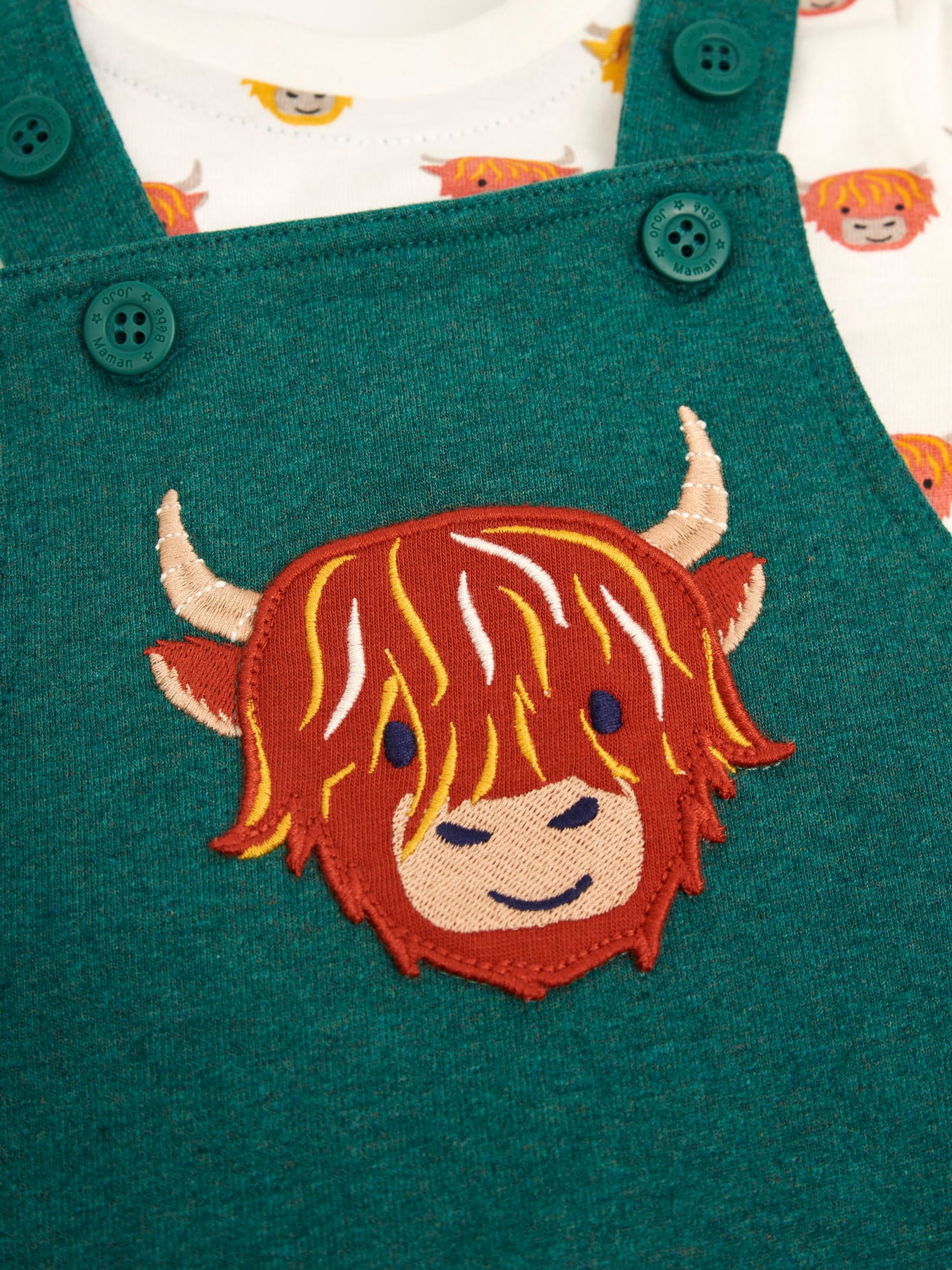 Green 2-Piece Highland Cow Appliqué Dungarees & Print Top Set - Image 3 of 3