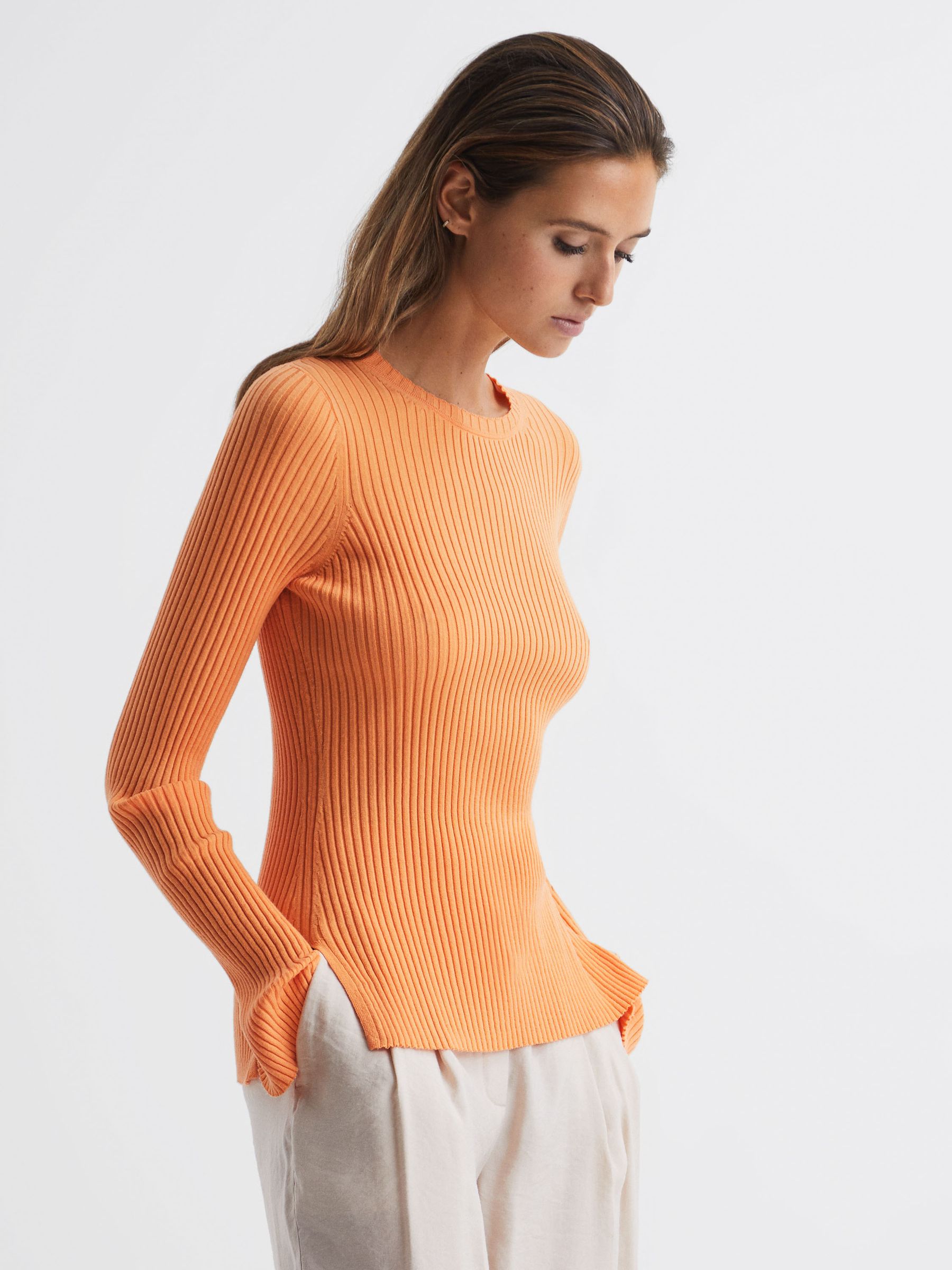 Slim Fit Ribbed Crew Neck Split Sleeve Jumper in Orange - Image 1 of 5