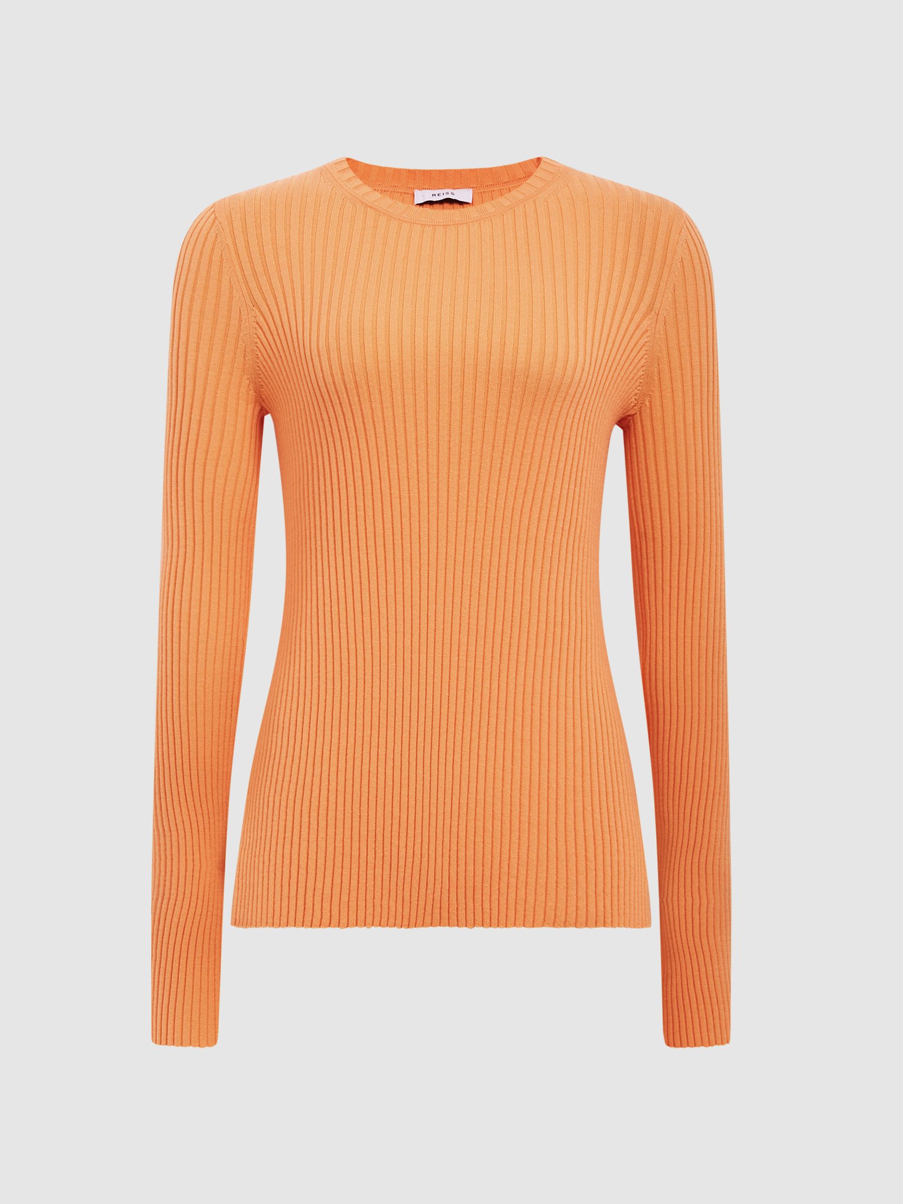 Slim Fit Ribbed Crew Neck Split Sleeve Jumper in Orange - Image 2 of 5 Slim Fit Ribbed Crew Neck Split Sleeve Jumper in Orange - Image 2 of 5