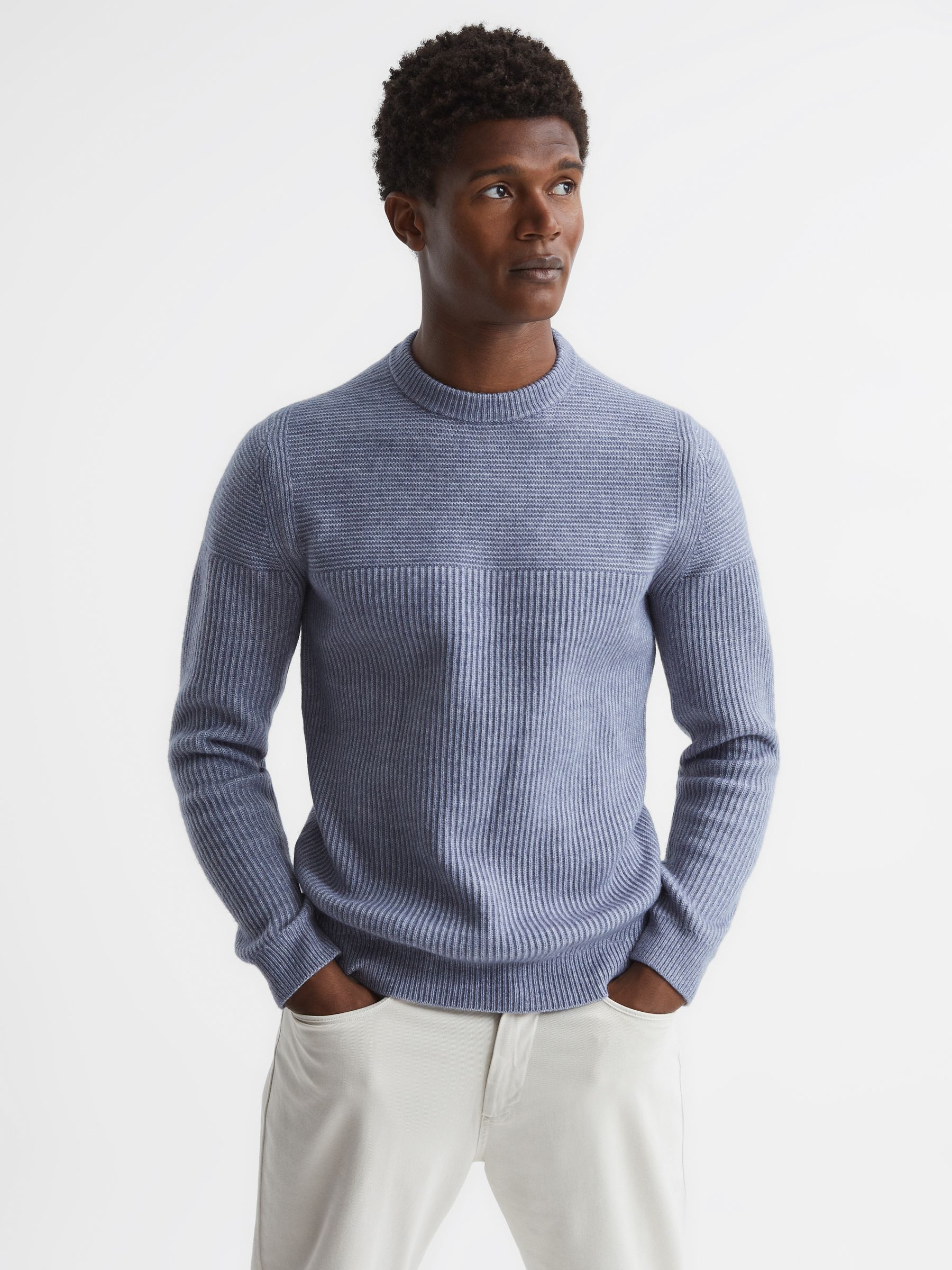 Crew Neck Ribbed Wool Blend Jumper in Airforce Blue Melange - Image 1 of 6