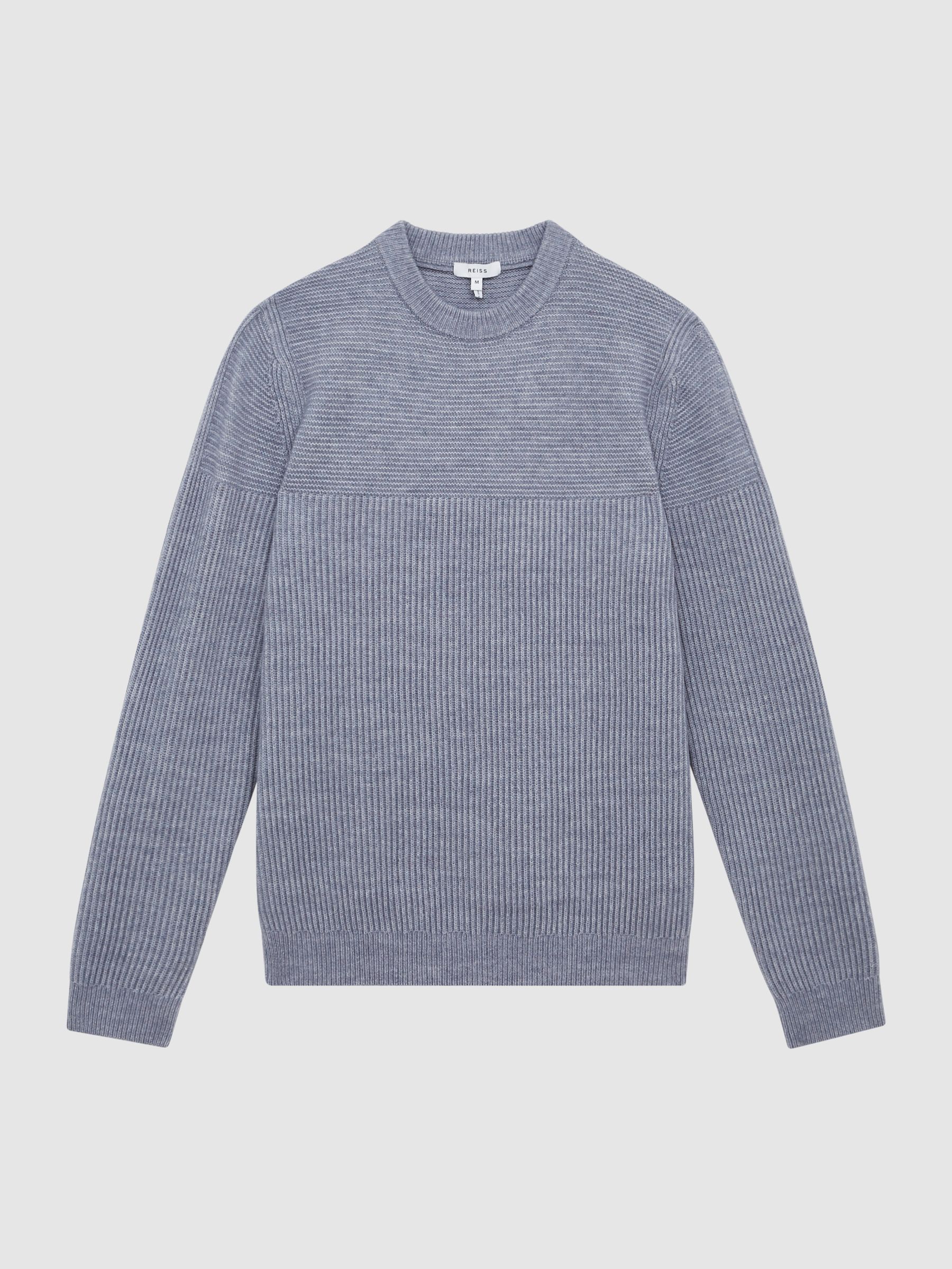 Crew Neck Ribbed Wool Blend Jumper in Airforce Blue Melange - Image 2 of 6