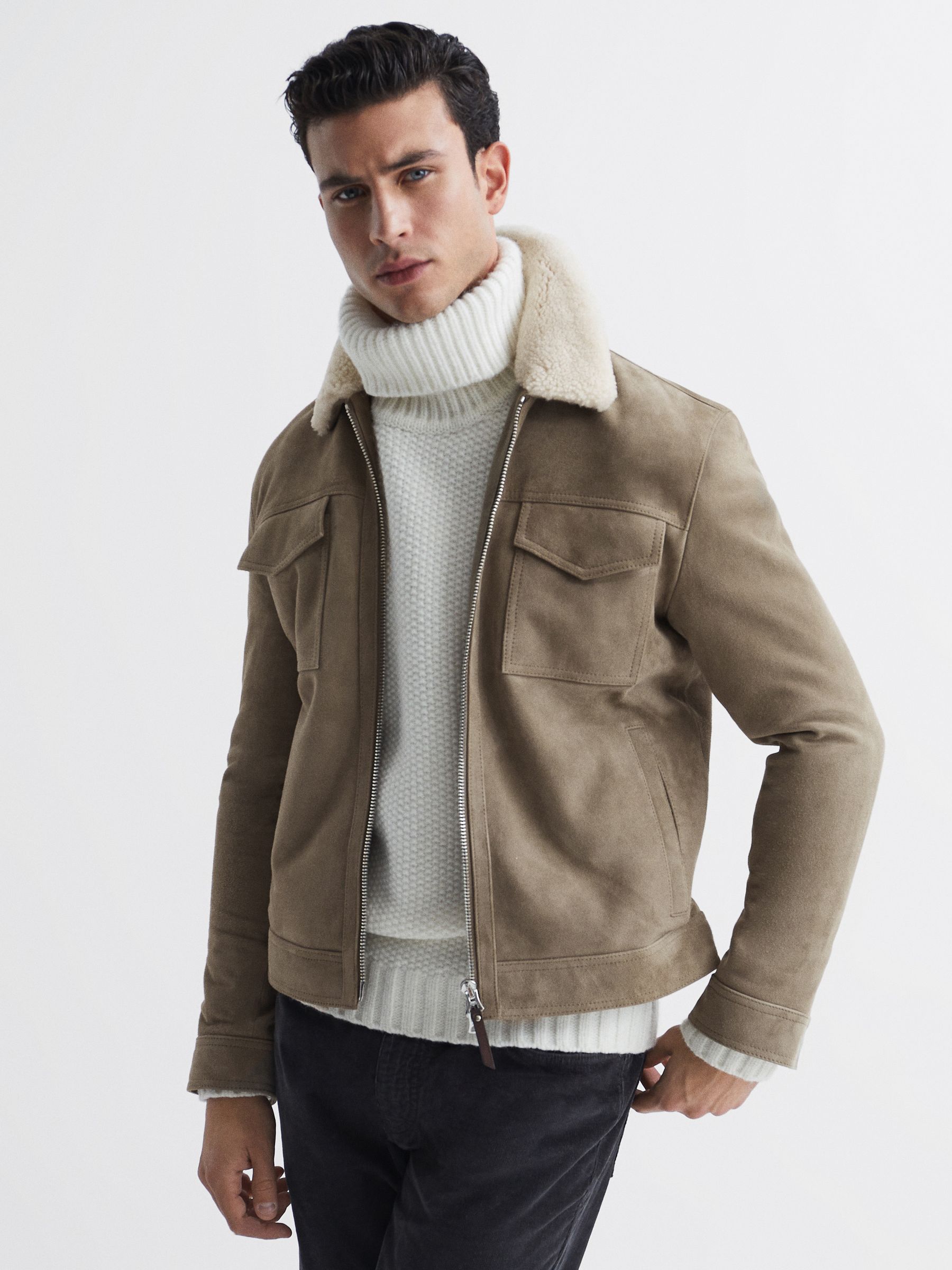 Shearling Slim Fit Suede Zip Through Jacket in Sage - Image 1 of 7 Shearling Slim Fit Suede Zip Through Jacket in Sage - Image 1 of 7