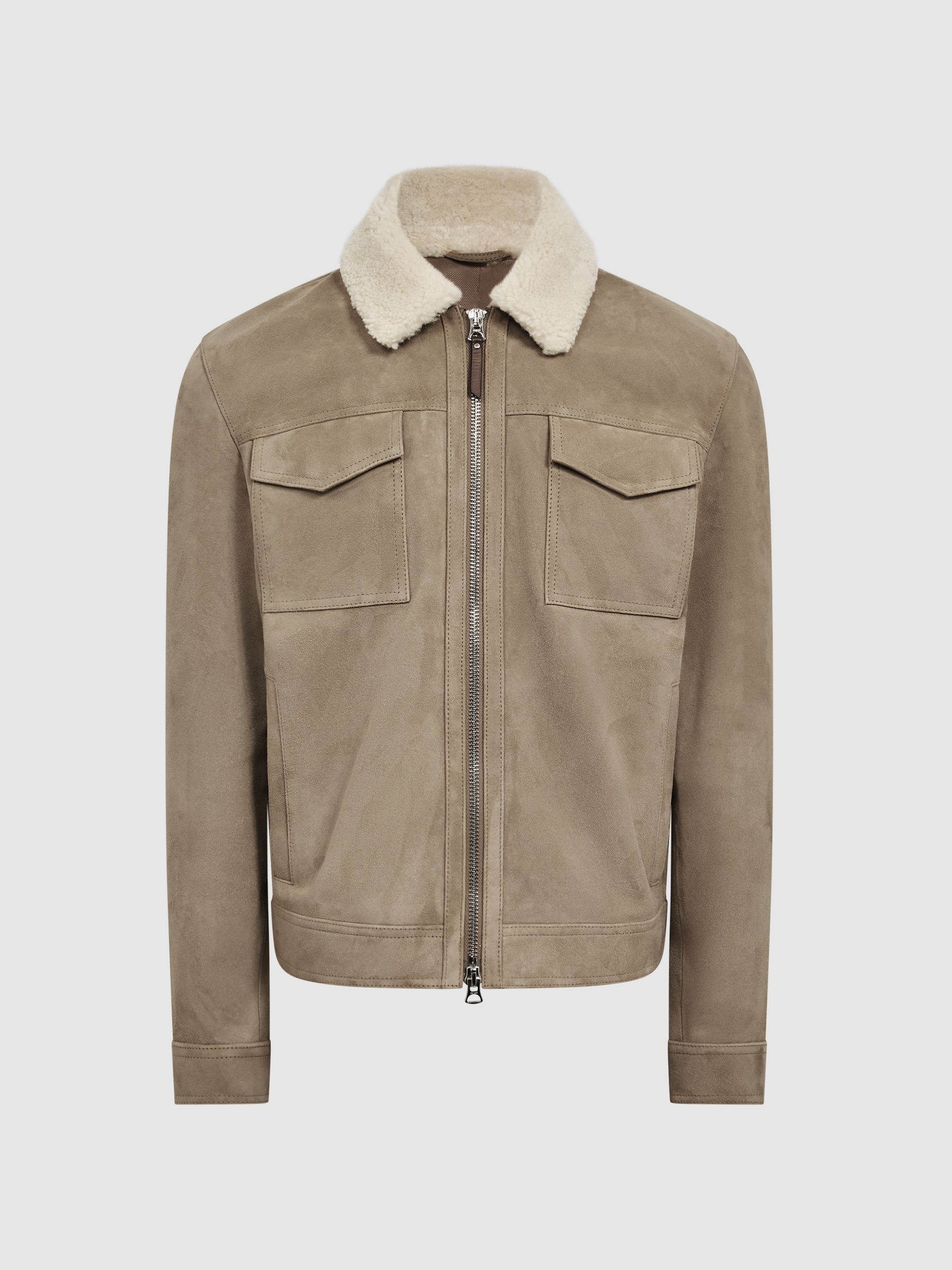 Shearling Slim Fit Suede Zip Through Jacket in Sage - Image 2 of 7 Shearling Slim Fit Suede Zip Through Jacket in Sage - Image 2 of 7