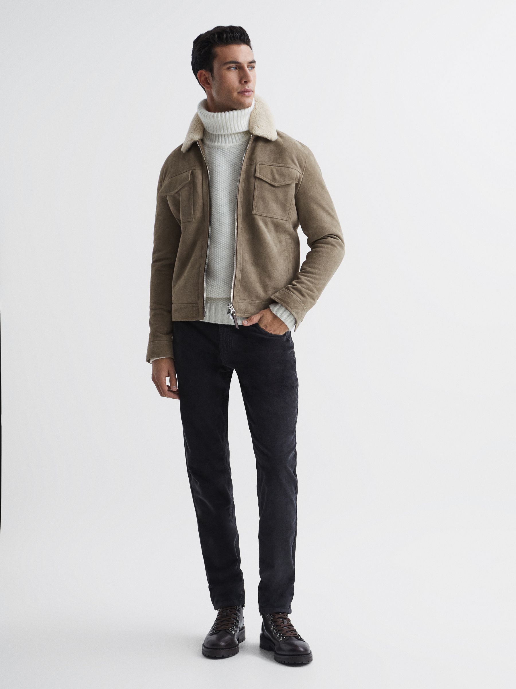 Reiss Shearling Slim Fit Suede Zip Through Jacket in Sage