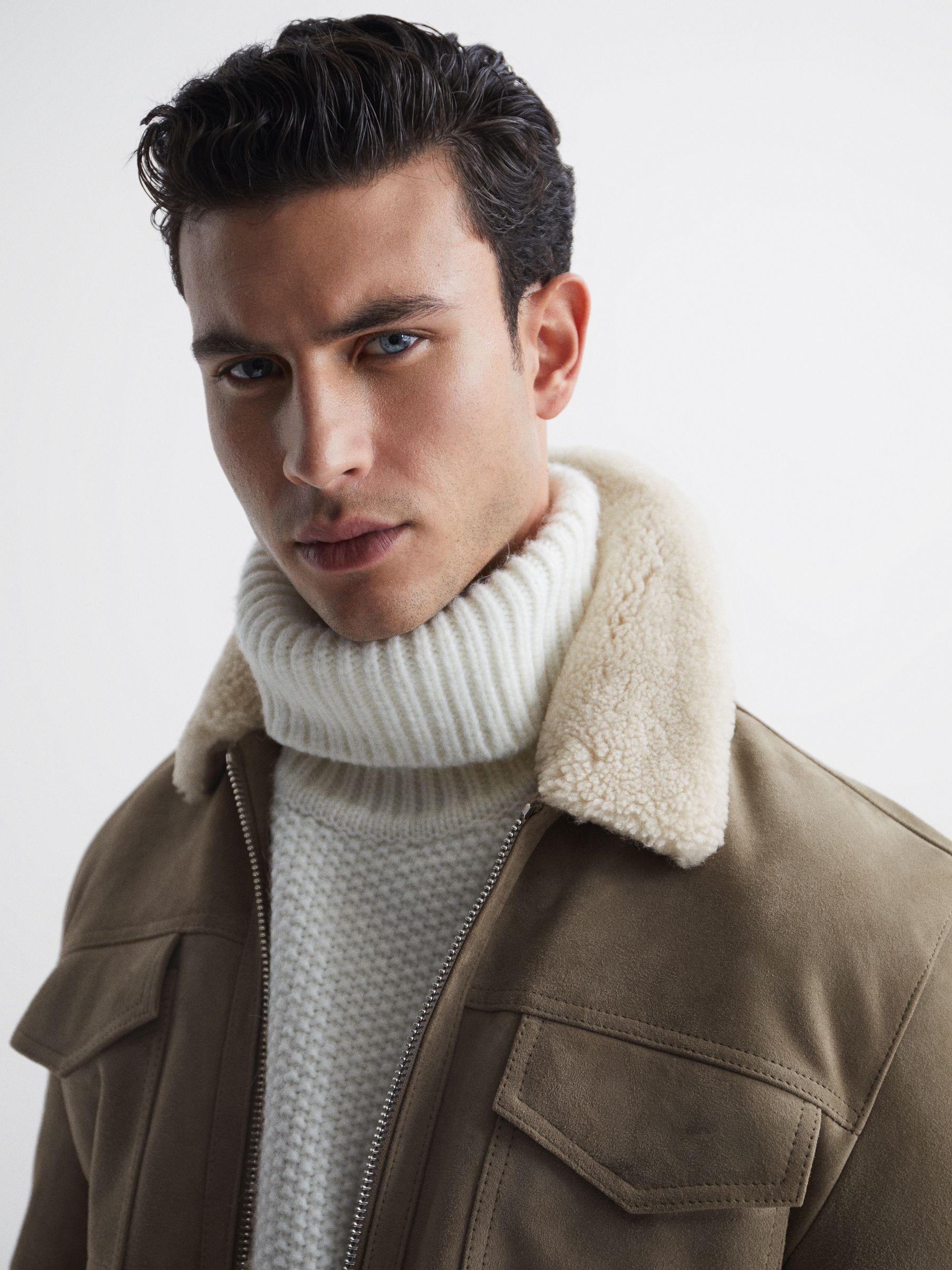 Shearling Slim Fit Suede Zip Through Jacket in Sage - Image 4 of 7