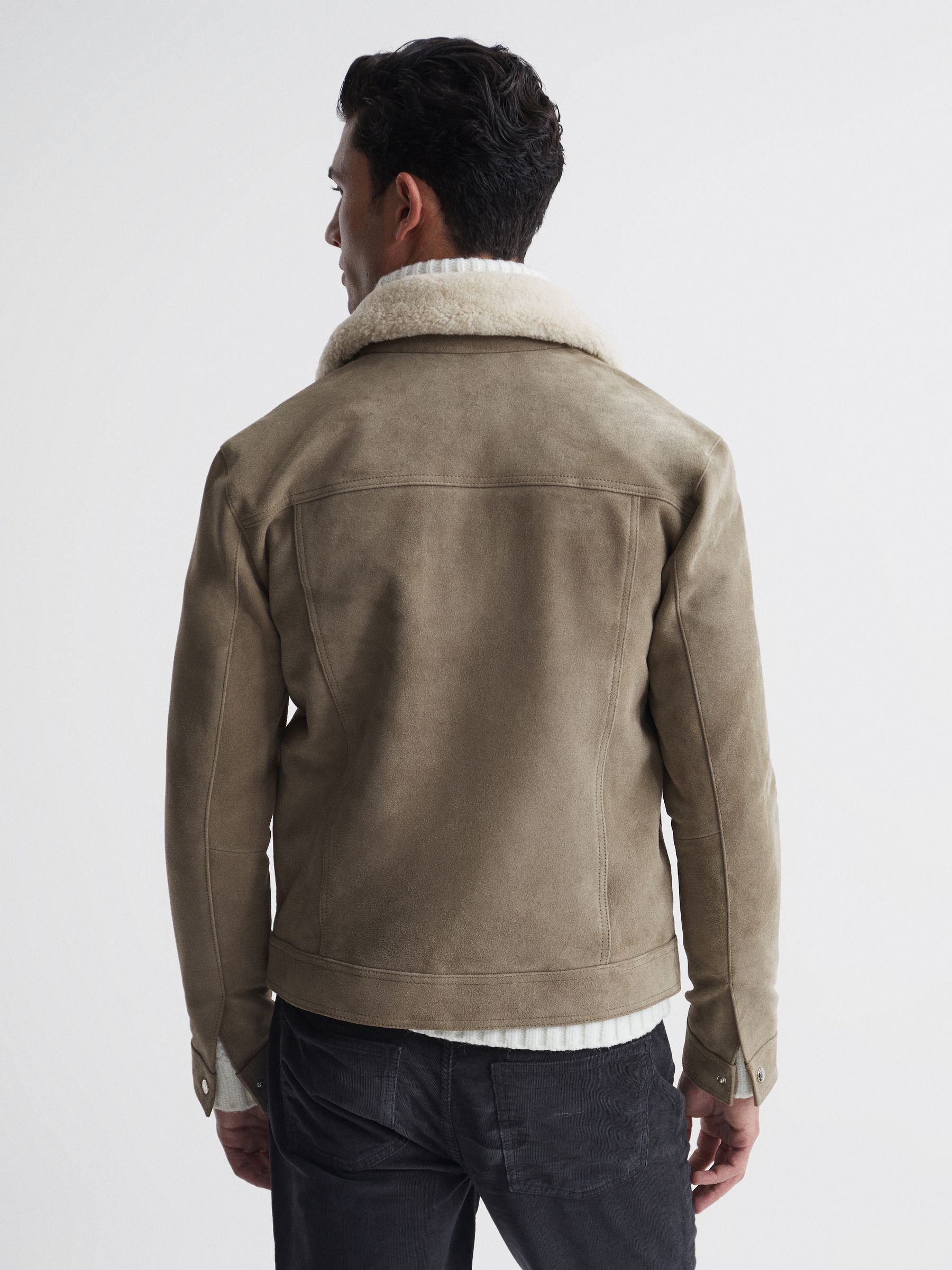 Shearling Slim Fit Suede Zip Through Jacket in Sage - Image 5 of 7