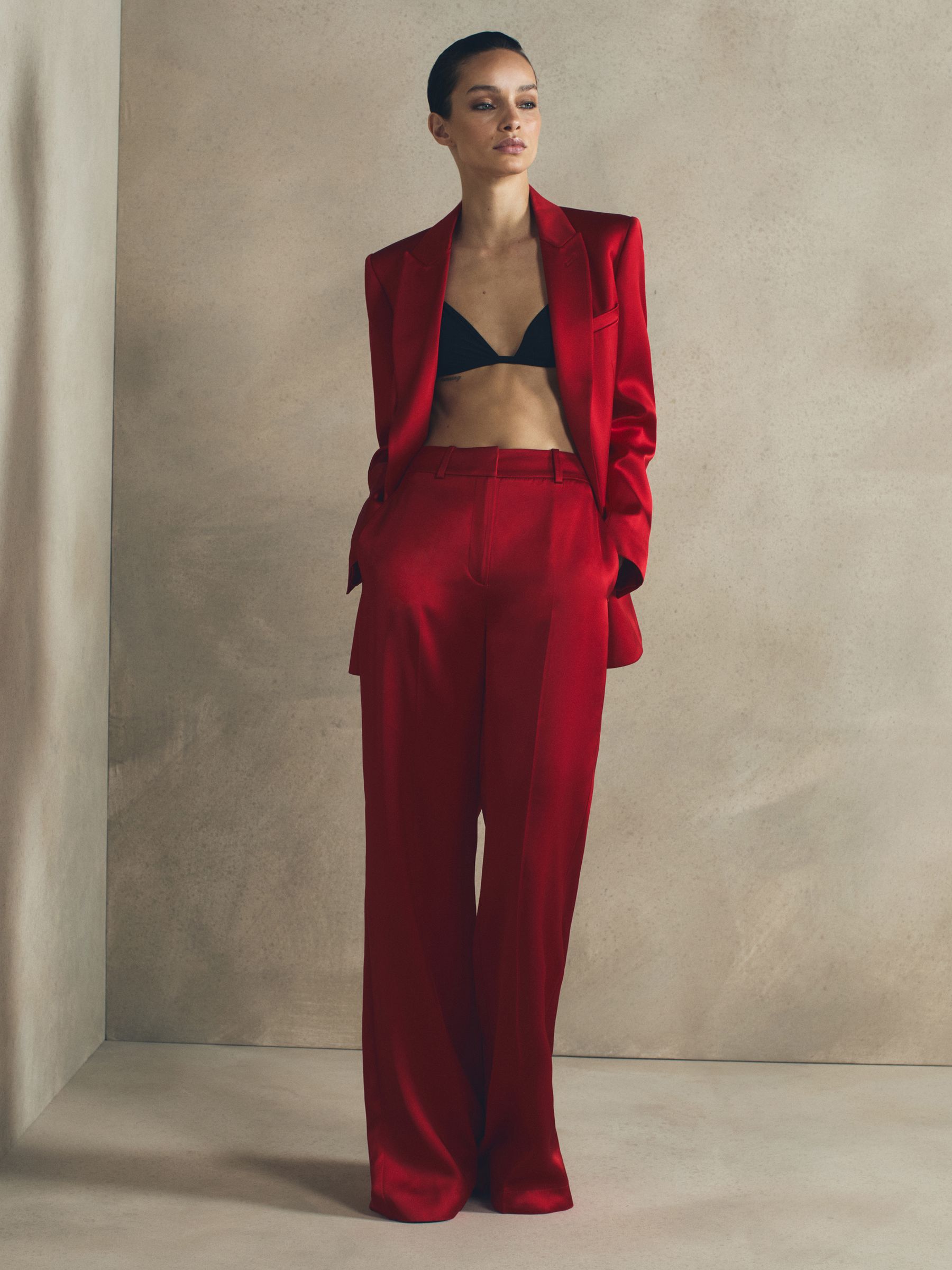 Satin Wide Leg Trousers in Red - Image 1 of 5