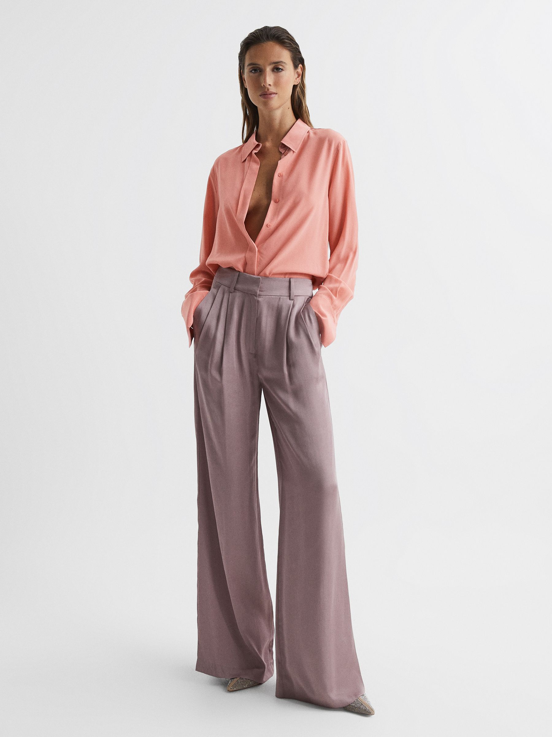 Matte Silk Tunic Shirt in Pink - Image 1 of 7