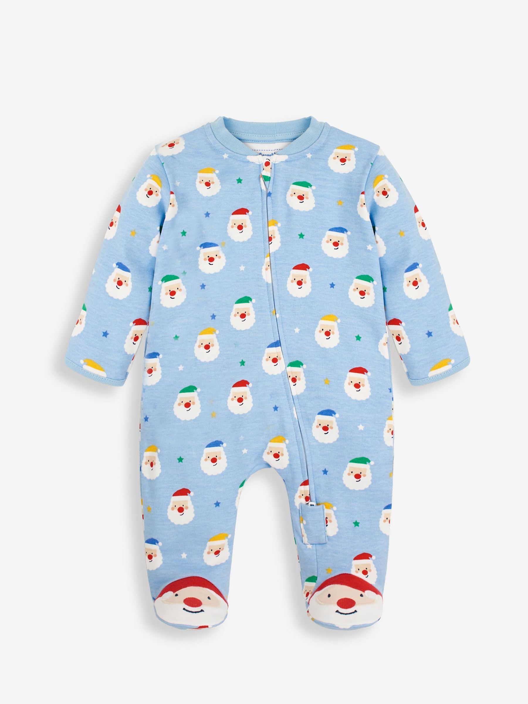 Santa Heads Print Zip Sleepsuit in Blue - Image 1 of 4