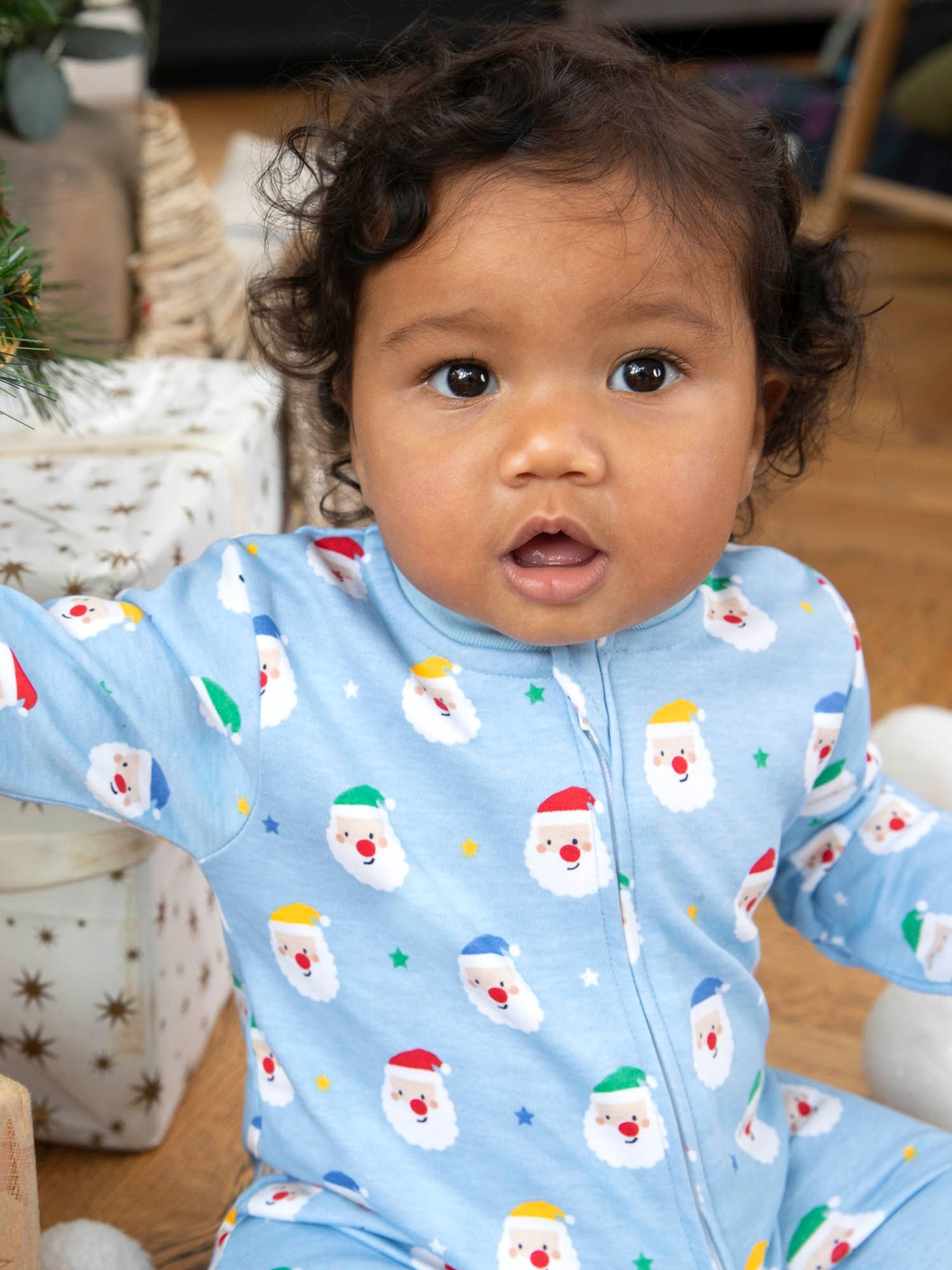 Santa Heads Print Zip Sleepsuit in Blue - Image 4 of 4