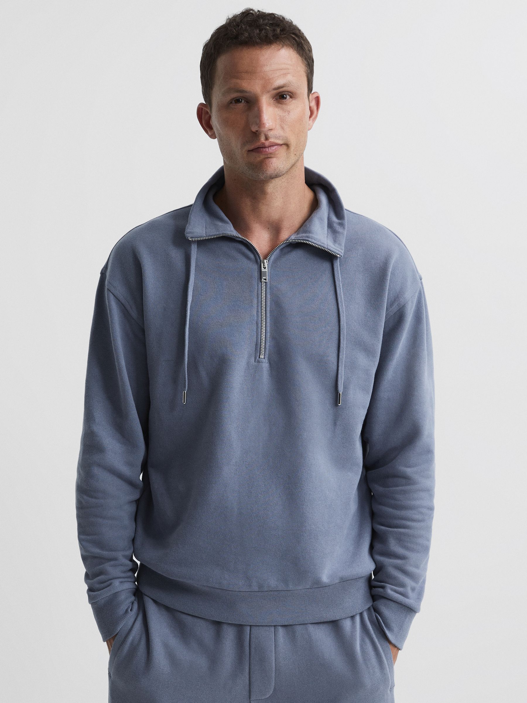 Half Zip Funnel Neck Jersey Sweatshirt in Ashley Blue - Image 1 of 5