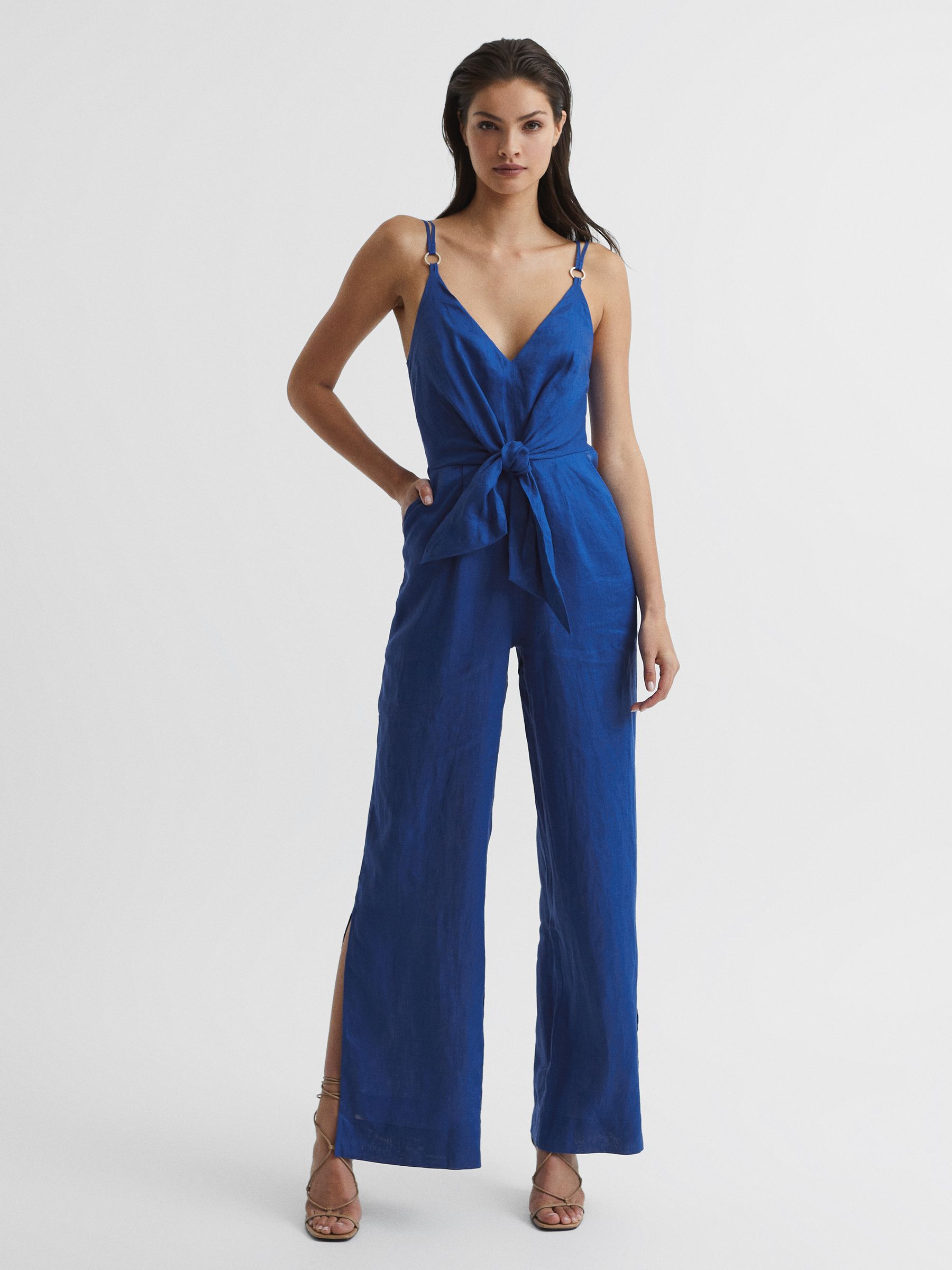 Linen Jumpsuit in Bright Blue - Image 1 of 7 Linen Jumpsuit in Bright Blue - Image 1 of 7