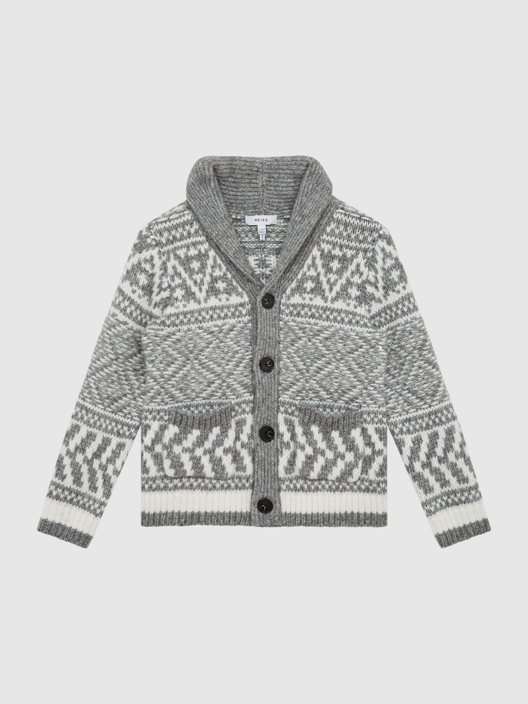 Senior Shawl Collar Fairisle Pattern Cardigan in Grey Melange/Ecru - Image 2 of 7