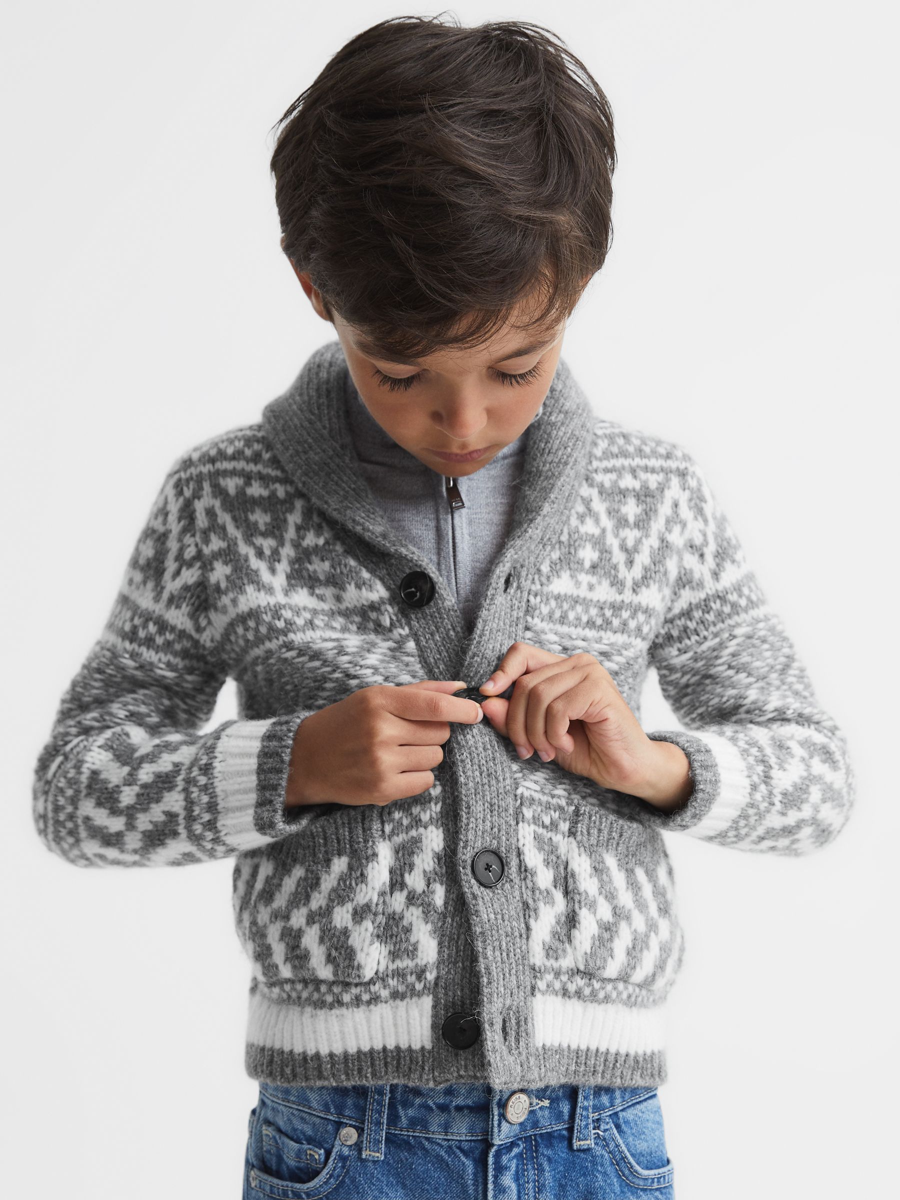 Senior Shawl Collar Fairisle Pattern Cardigan in Grey Melange/Ecru - Image 6 of 7