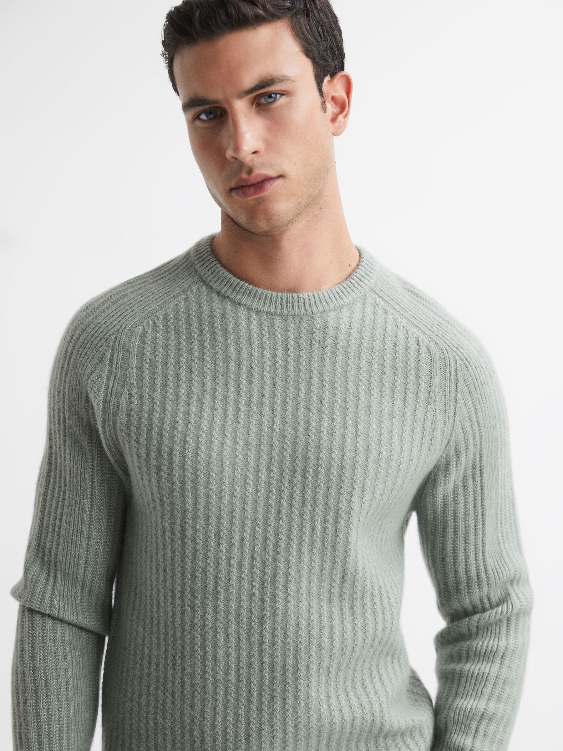 Wool-Cotton Textured Crew Neck Jumper in Sage - Image 1 of 5