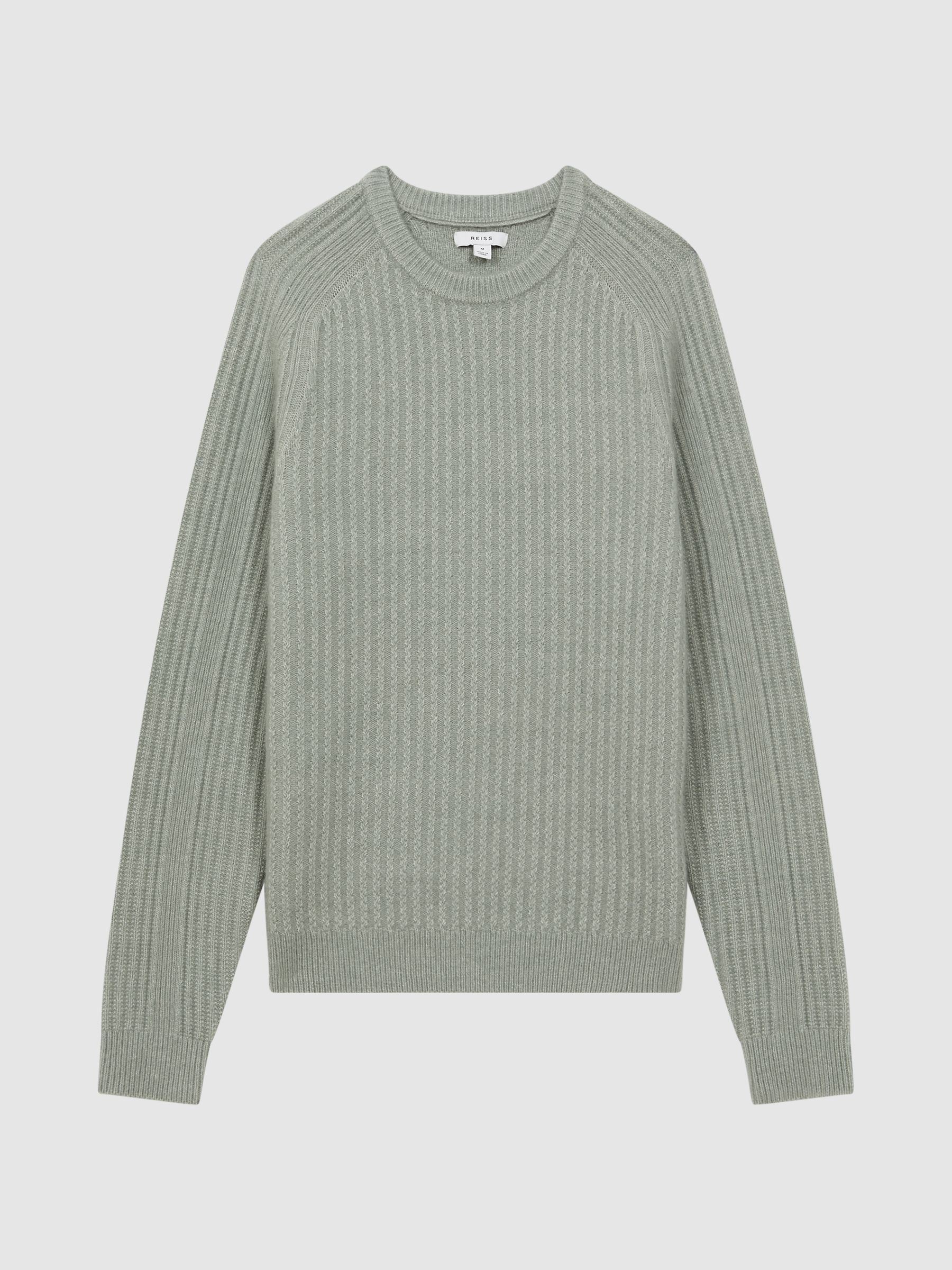 Reiss Wool-Cotton Textured Crew Neck Jumper in Sage - REISS