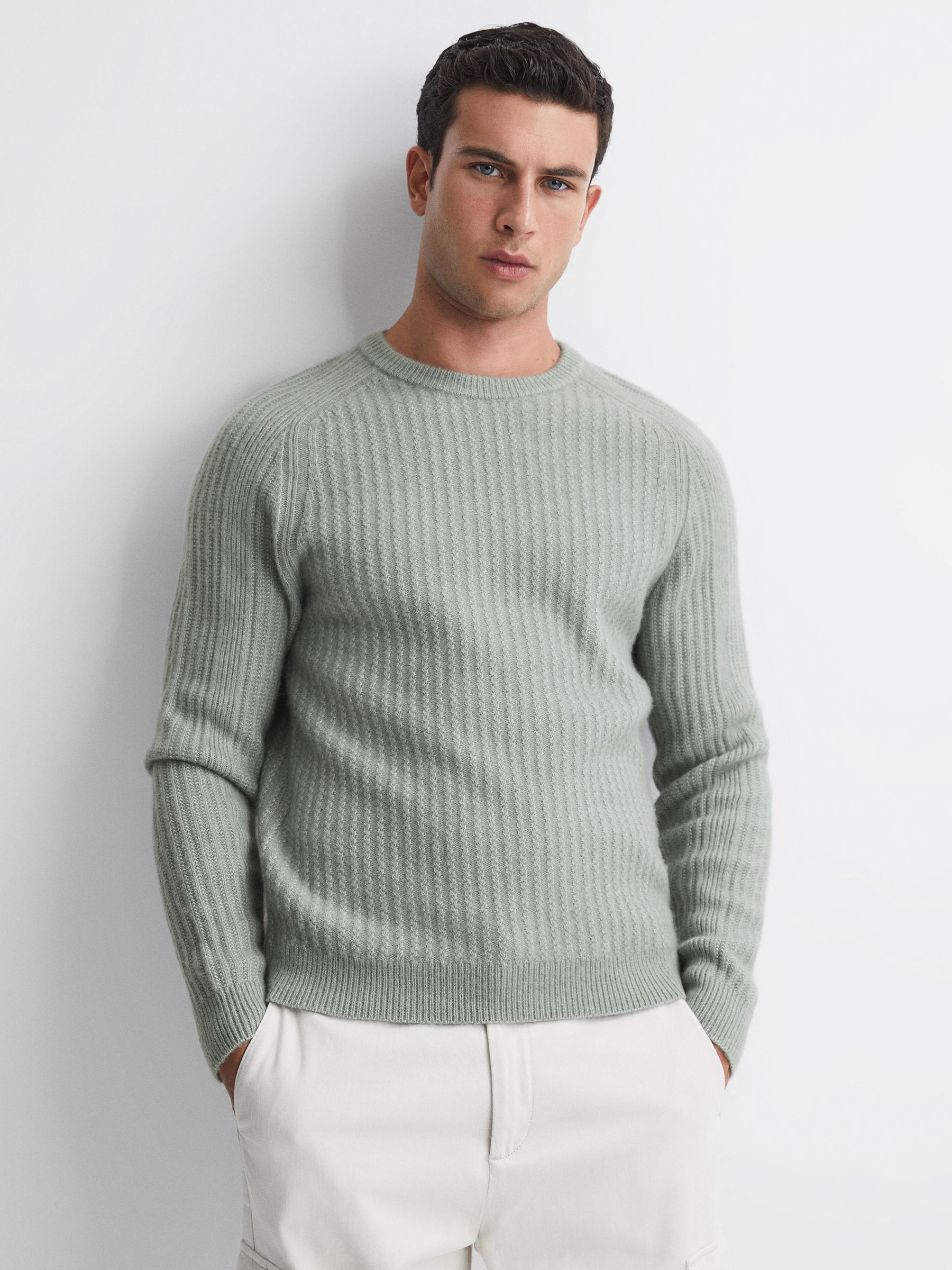 Wool-Cotton Textured Crew Neck Jumper in Sage - Image 4 of 5