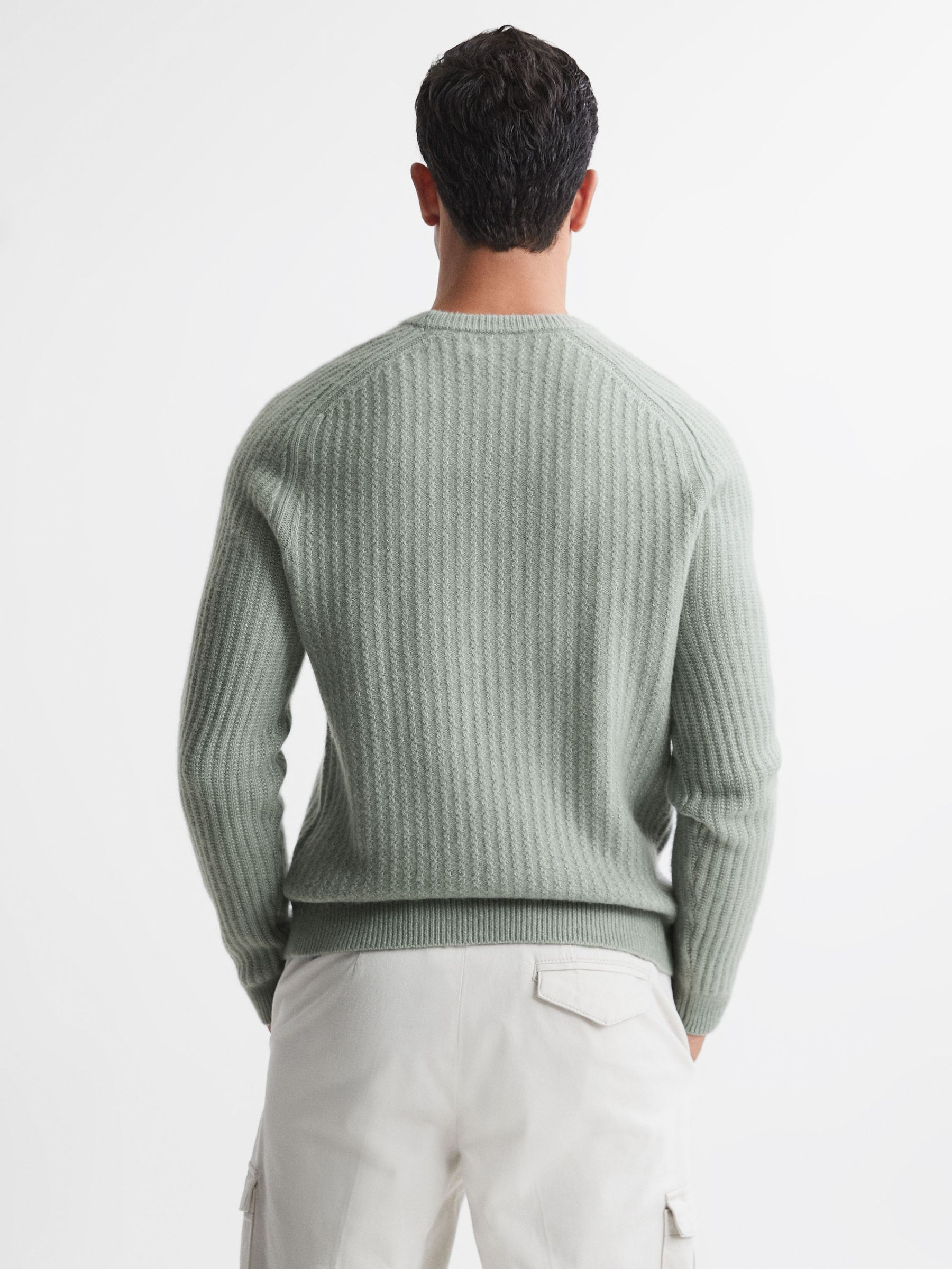 Wool-Cotton Textured Crew Neck Jumper in Sage - Image 5 of 5