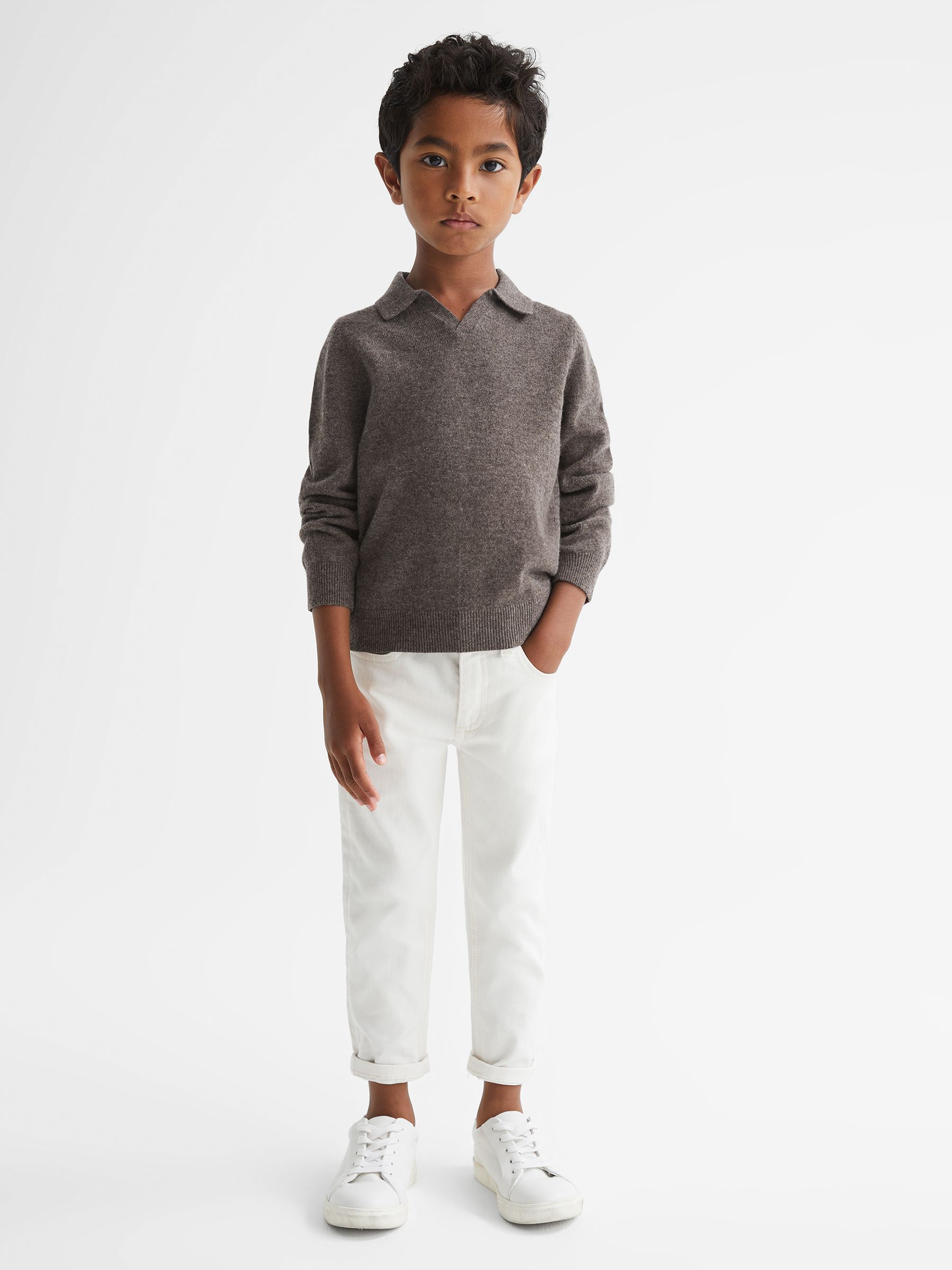 Senior Wool-Cashmere Blend Open Collar Polo in Mouse Melange - Image 1 of 6