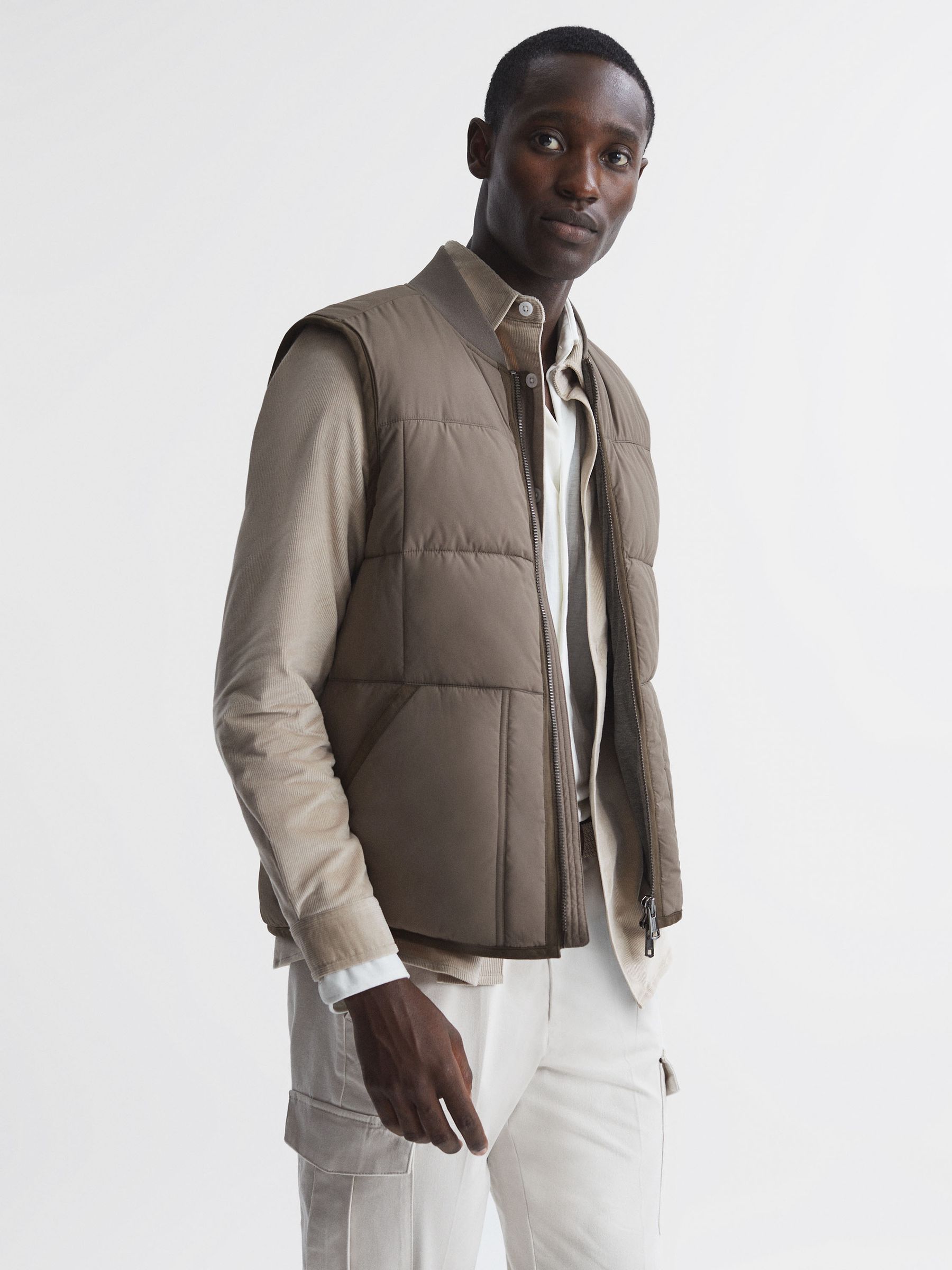 Quilted Contrast Trim Gilet in Mushroom - Image 1 of 5