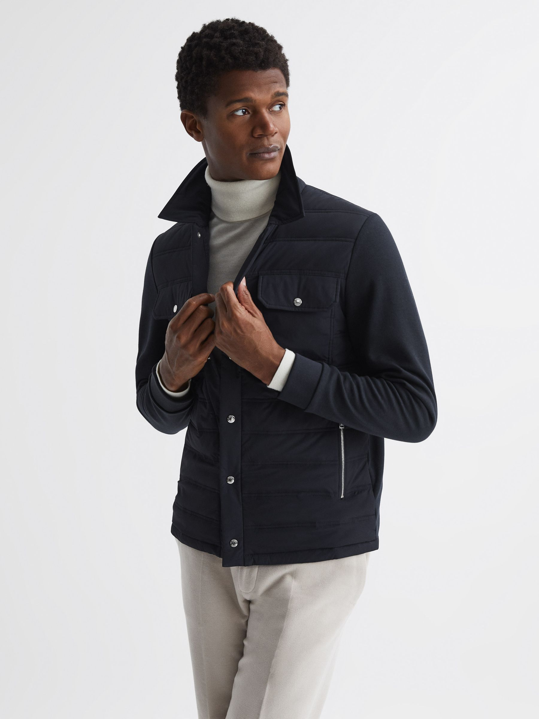 Long Sleeve Quilted Hybrid Jacket in Navy - Image 1 of 5