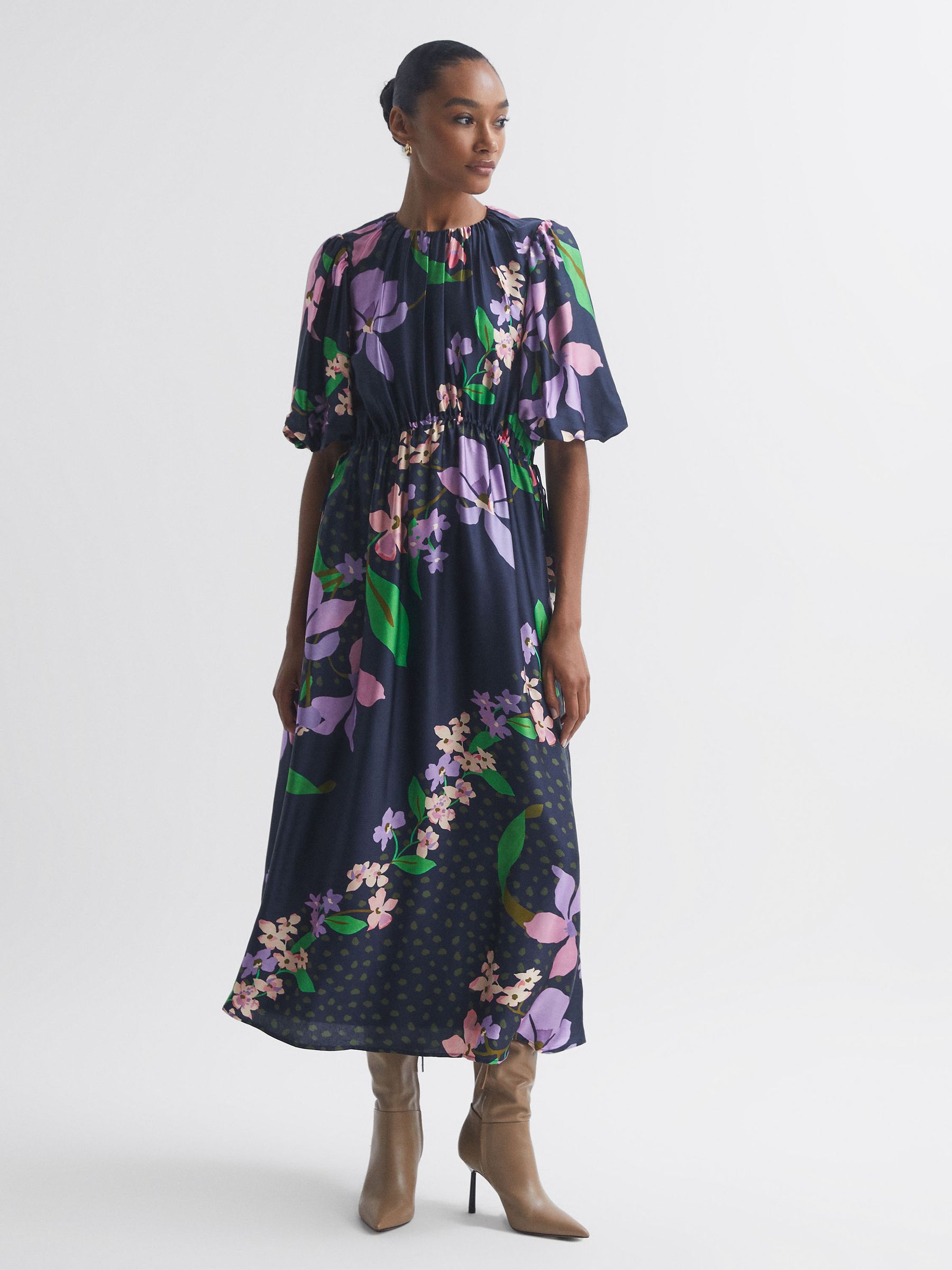 Florere Floral Puff Sleeve Midi Dress in Navy - Image 1 of 6