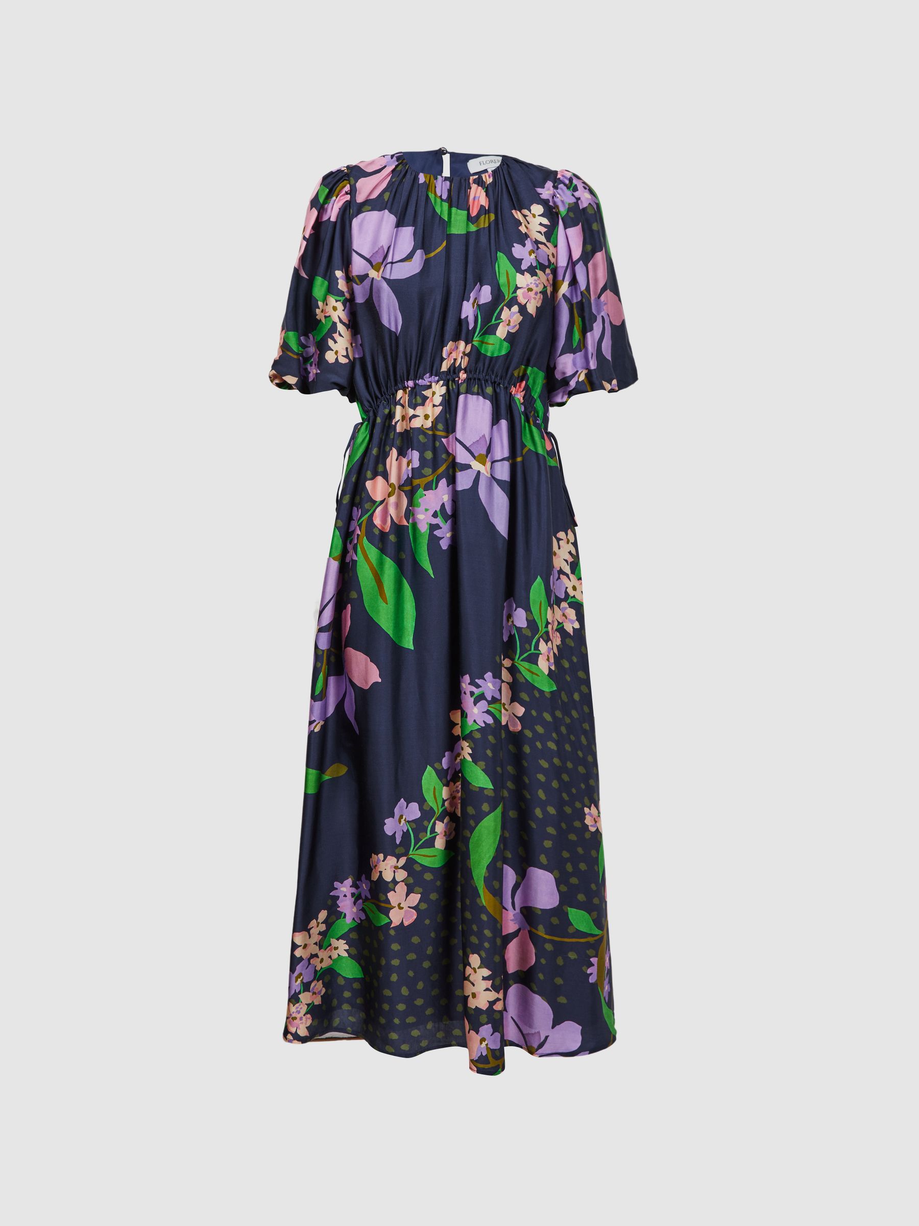 Florere Floral Puff Sleeve Midi Dress in Navy - Image 2 of 6
