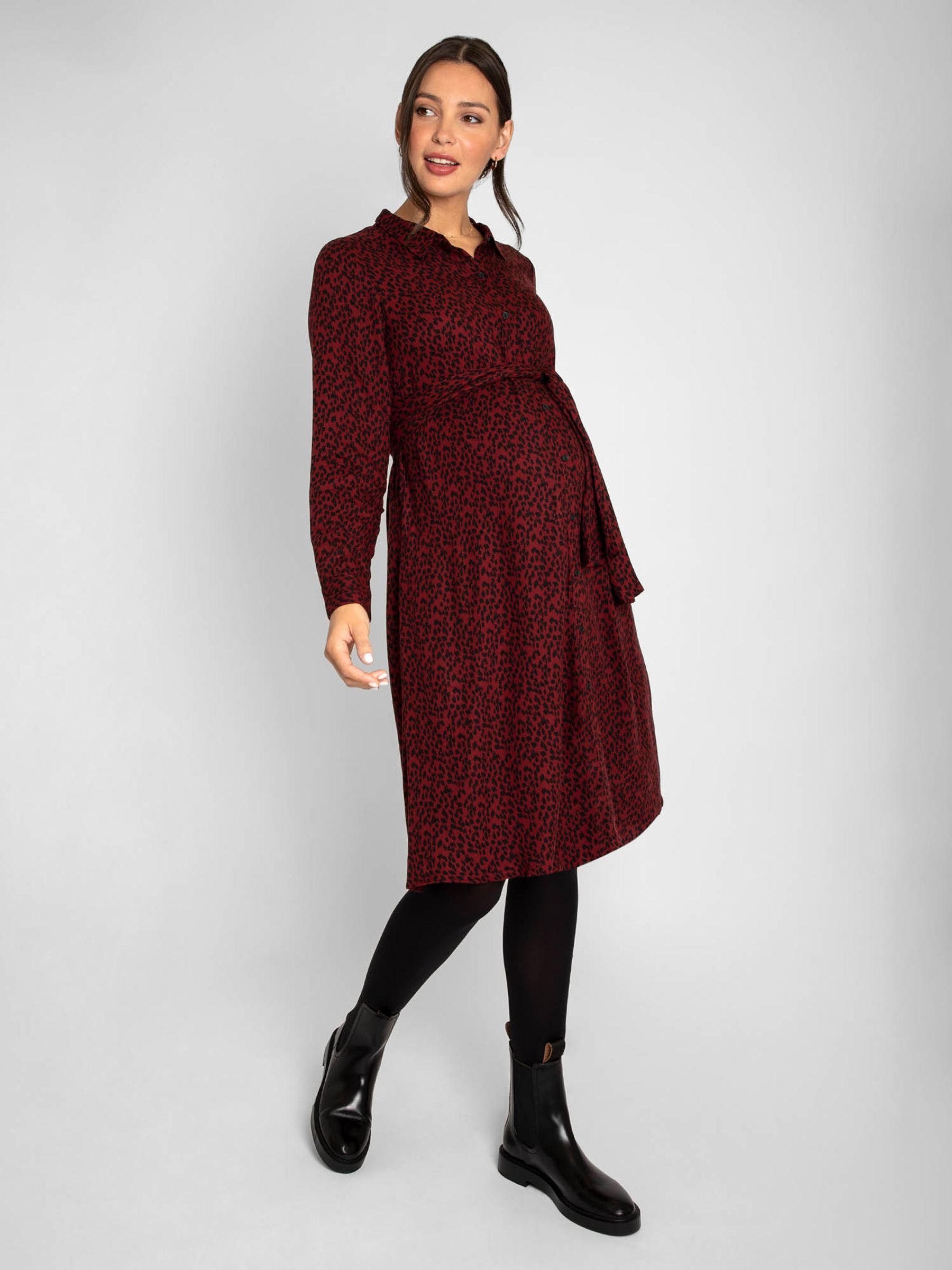 Burgundy Red Animal Print Shirt Maternity Dress With Tie - Image 3 of 9