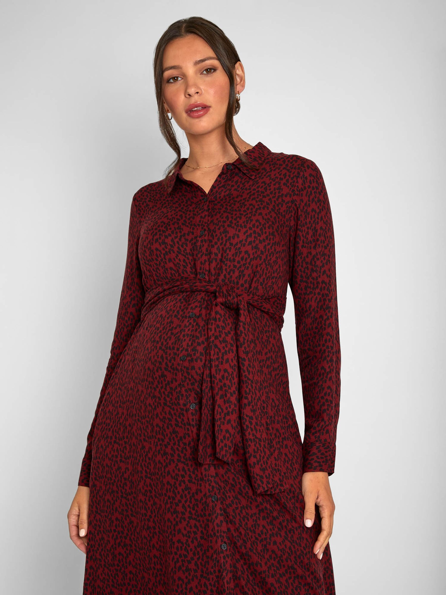 Burgundy Red Animal Print Shirt Maternity Dress With Tie - Image 4 of 9