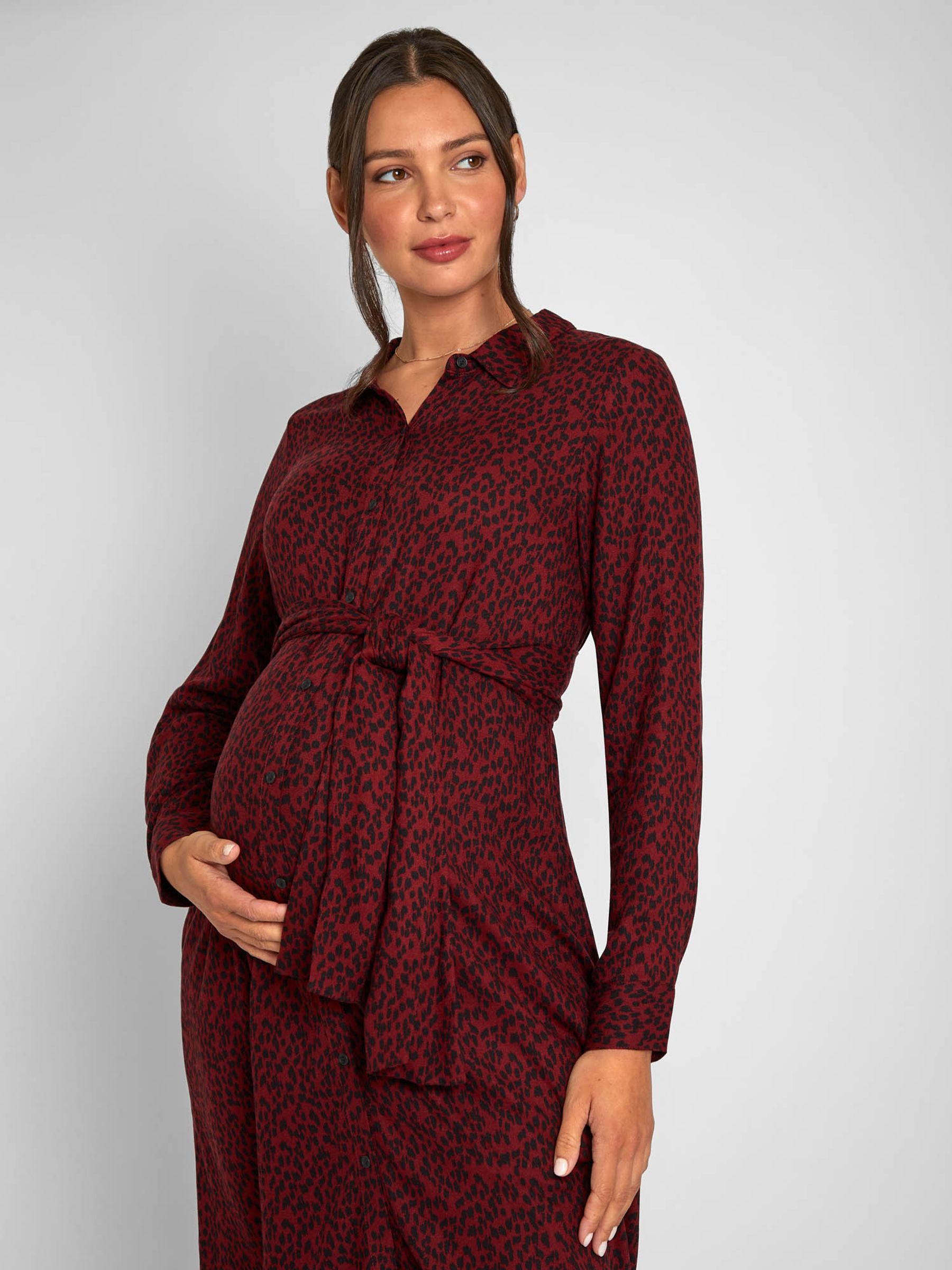 Burgundy Red Animal Print Shirt Maternity Dress With Tie - Image 5 of 9