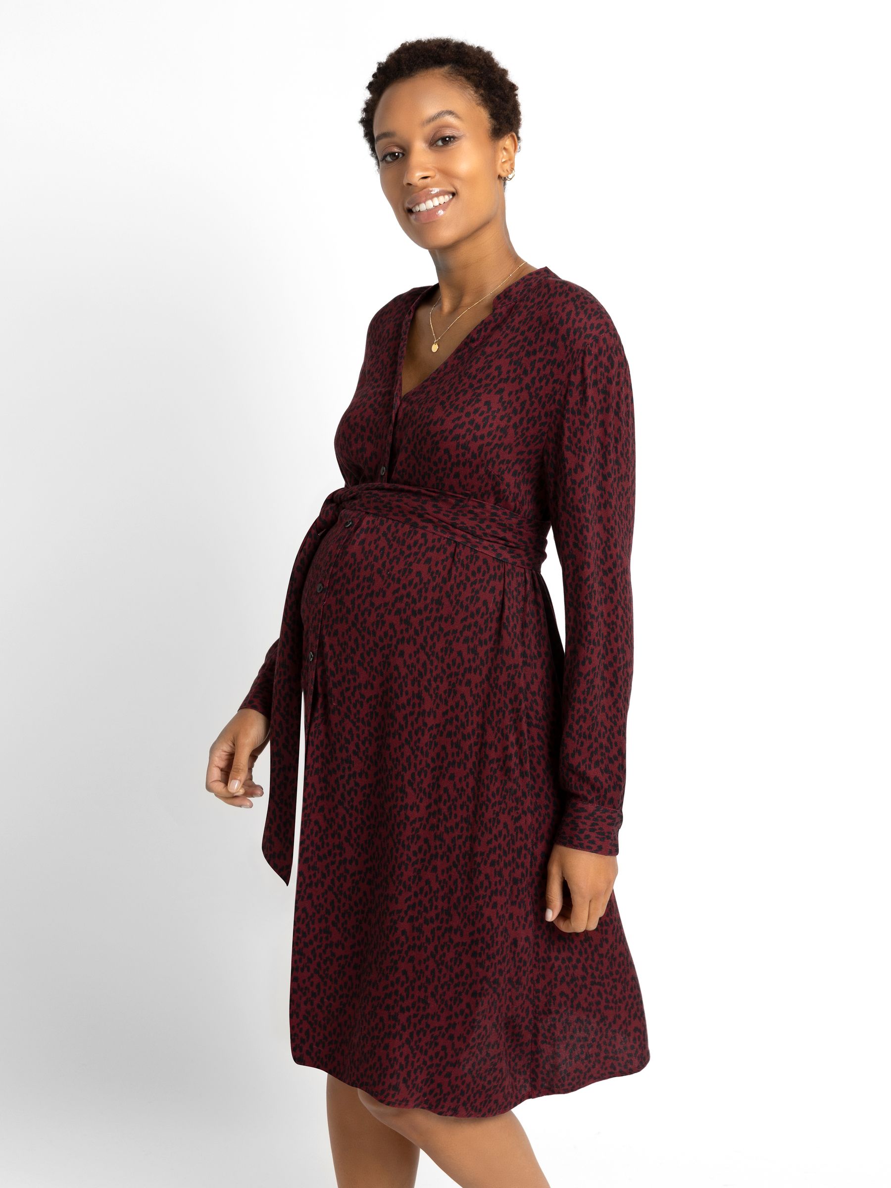 Burgundy Red Animal Print Shirt Maternity Dress With Tie - Image 8 of 9