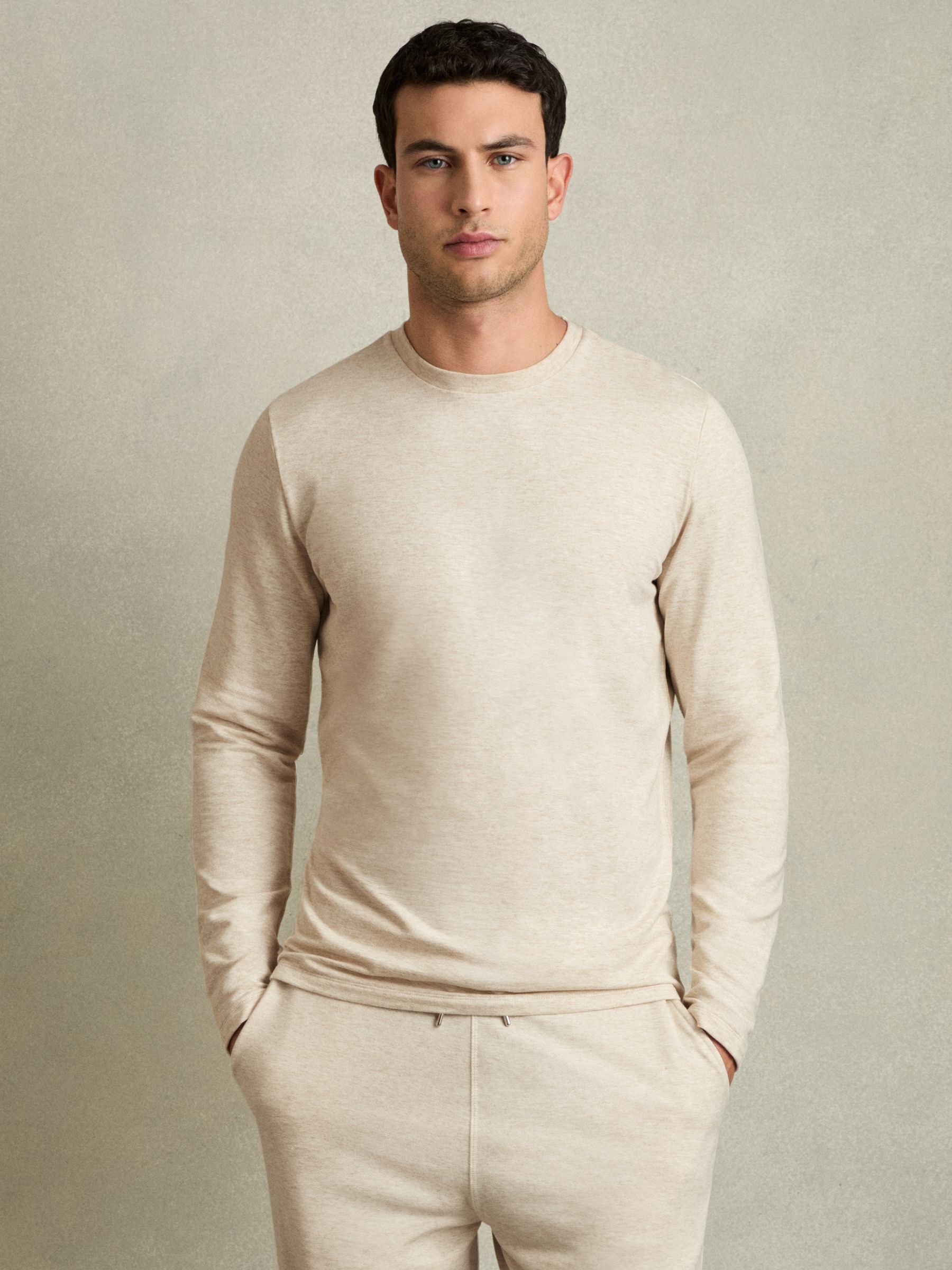 Crew Neck Fleece Lined Sweatshirt in Oatmeal Melange - Image 1 of 5
