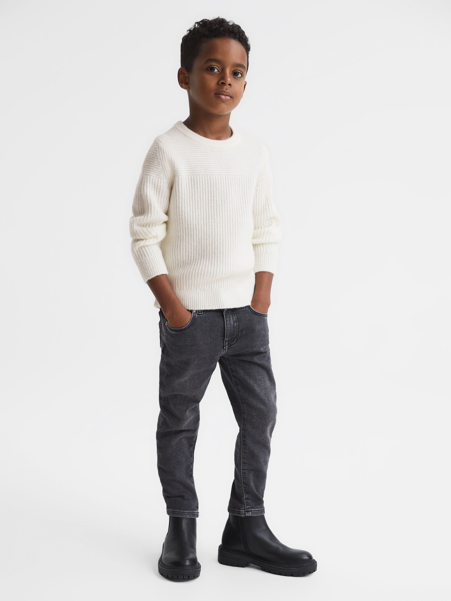 Junior Crew Neck Ribbed Wool Blend Jumper in Ecru - Image 3 of 7