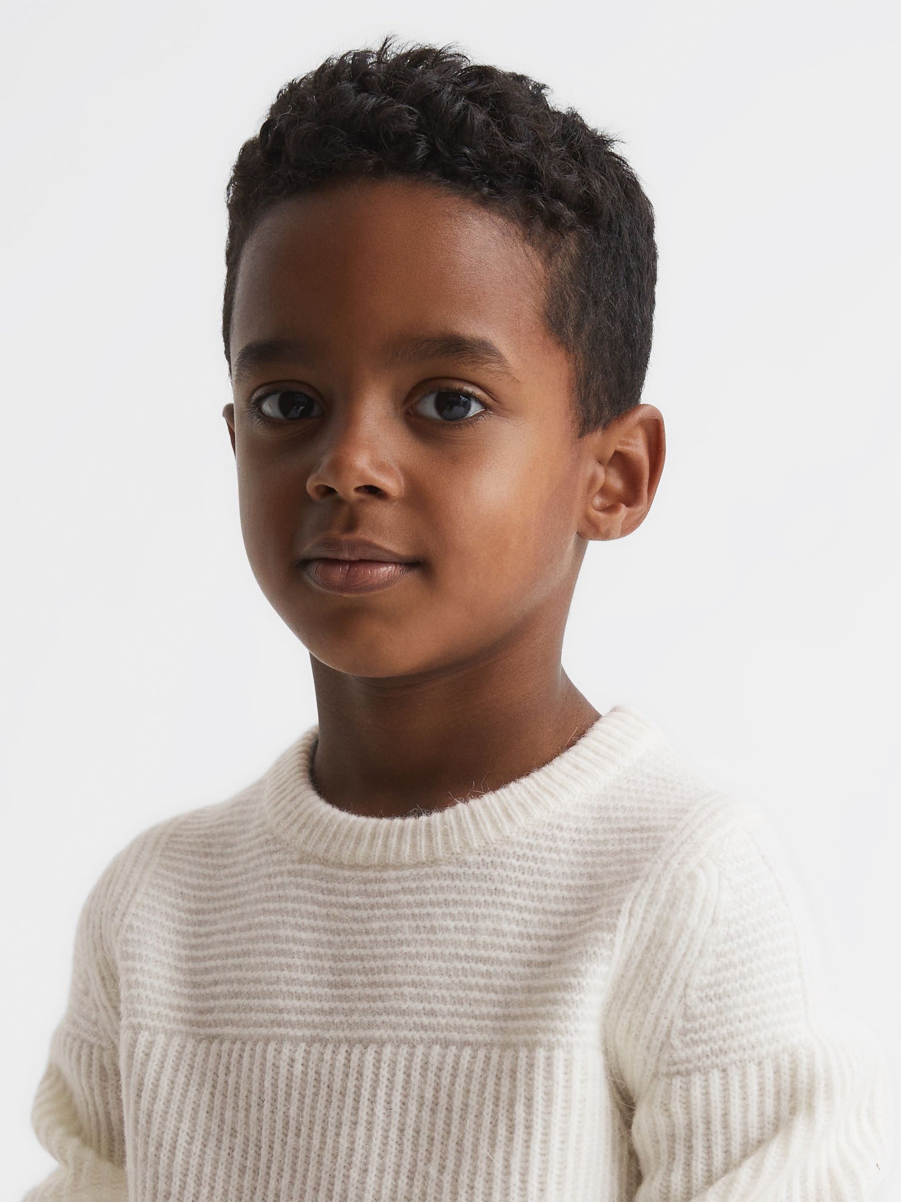 Junior Crew Neck Ribbed Wool Blend Jumper in Ecru - Image 4 of 7