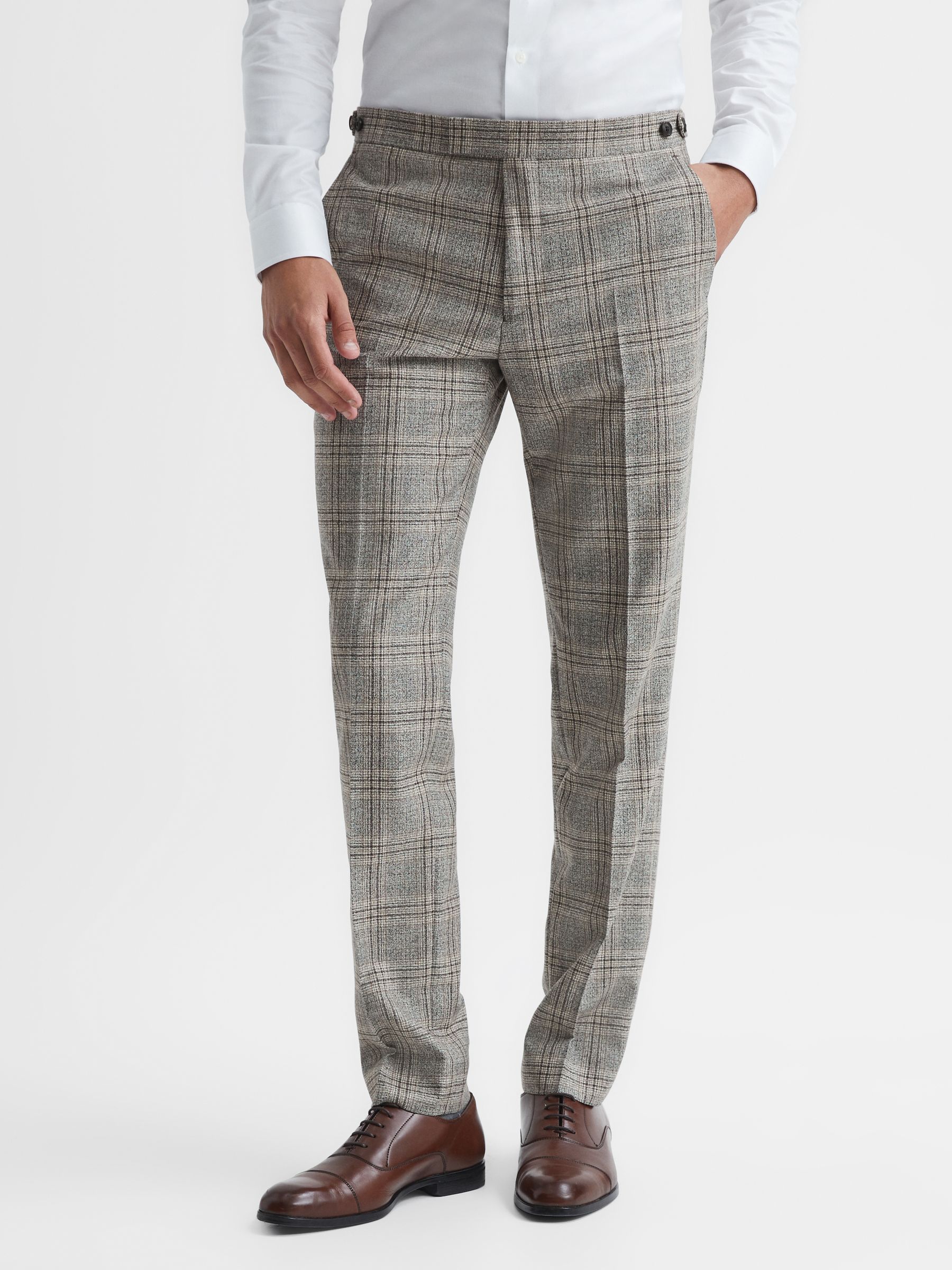 Rowhill T Oatmeal Slim Fit Wool Blend Checked Trousers - Image 1 of 6