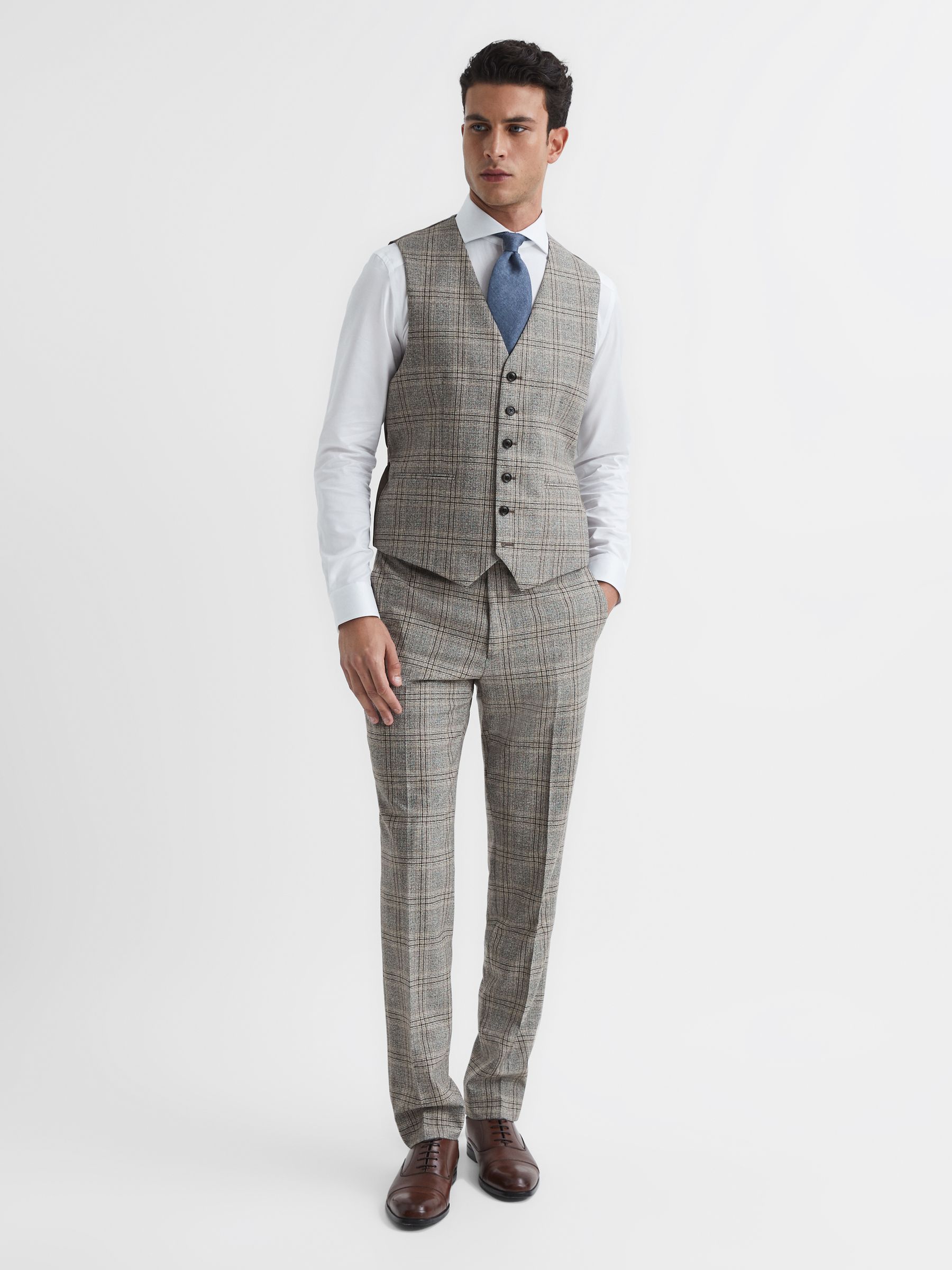 Rowhill T Oatmeal Slim Fit Wool Blend Checked Trousers - Image 3 of 6