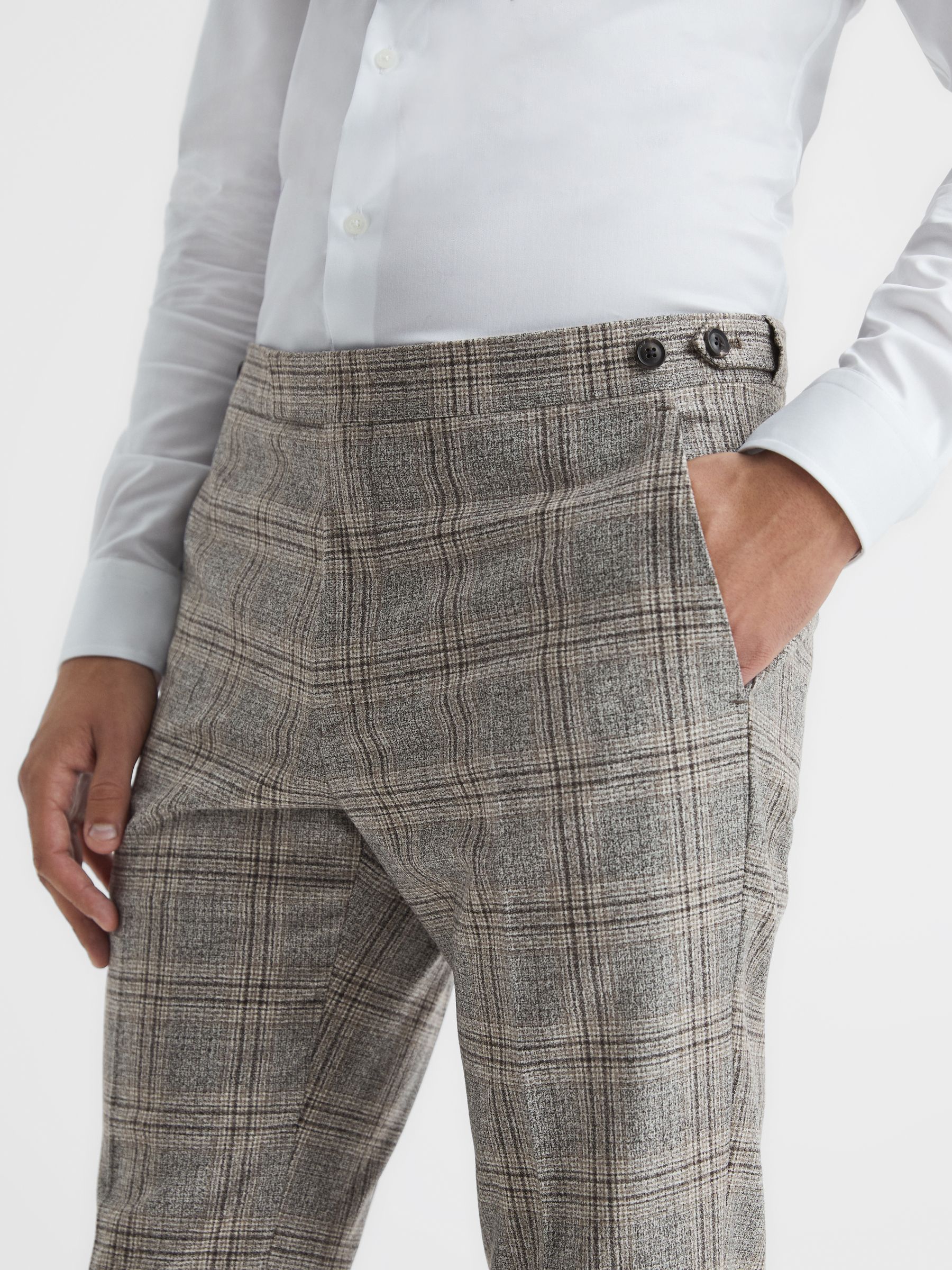 Rowhill T Oatmeal Slim Fit Wool Blend Checked Trousers - Image 4 of 6