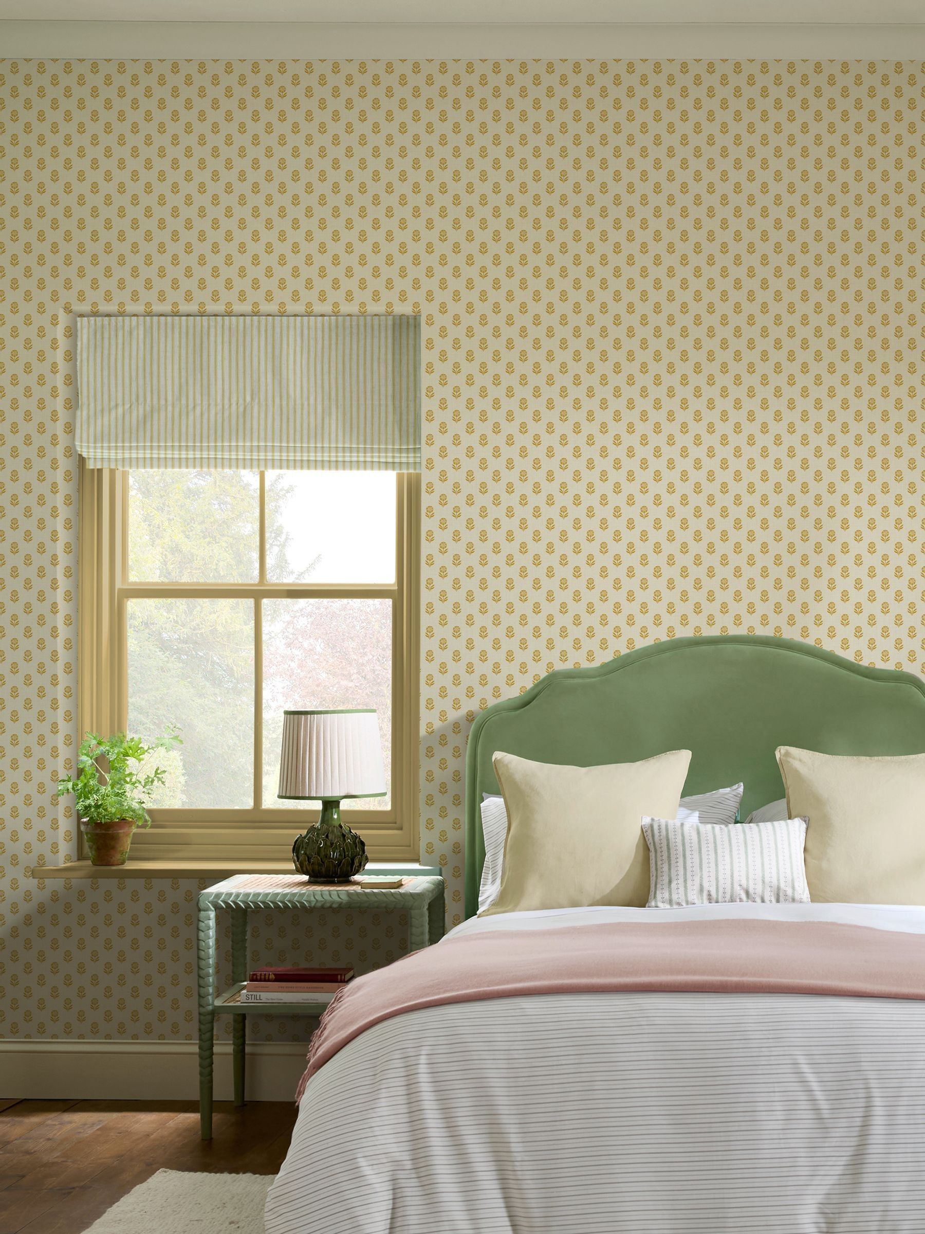 Cream Yellow Woodblock Floral 10M Wallpaper - Image 1 of 5