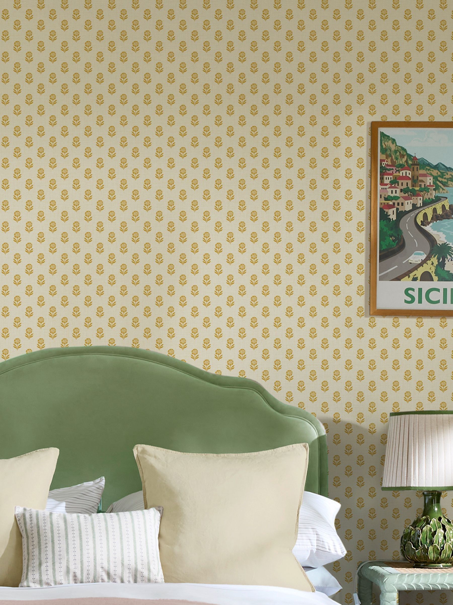 Cream Yellow Woodblock Floral 10M Wallpaper - Image 2 of 5