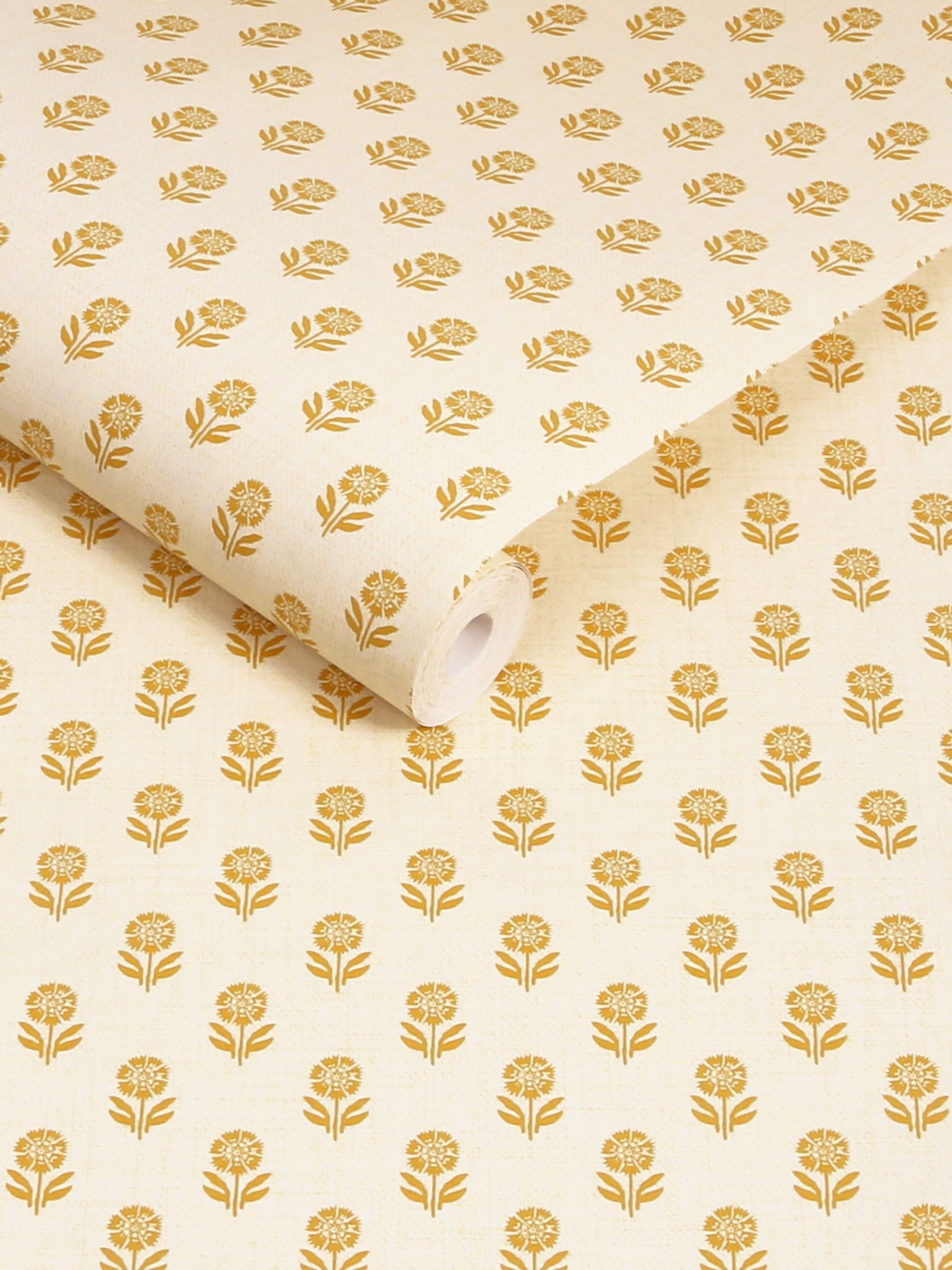 Cream Yellow Woodblock Floral 10M Wallpaper - Image 3 of 5