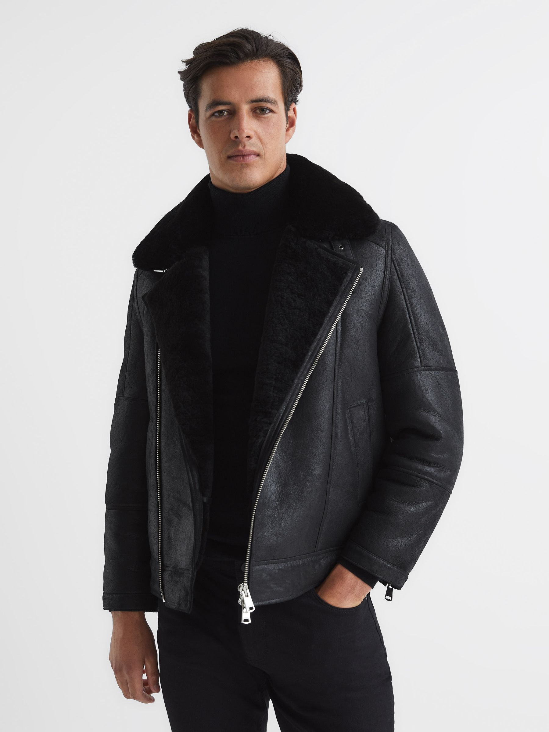 Sherpa Suede Jacket in Black - Image 1 of 7 Sherpa Suede Jacket in Black - Image 1 of 7