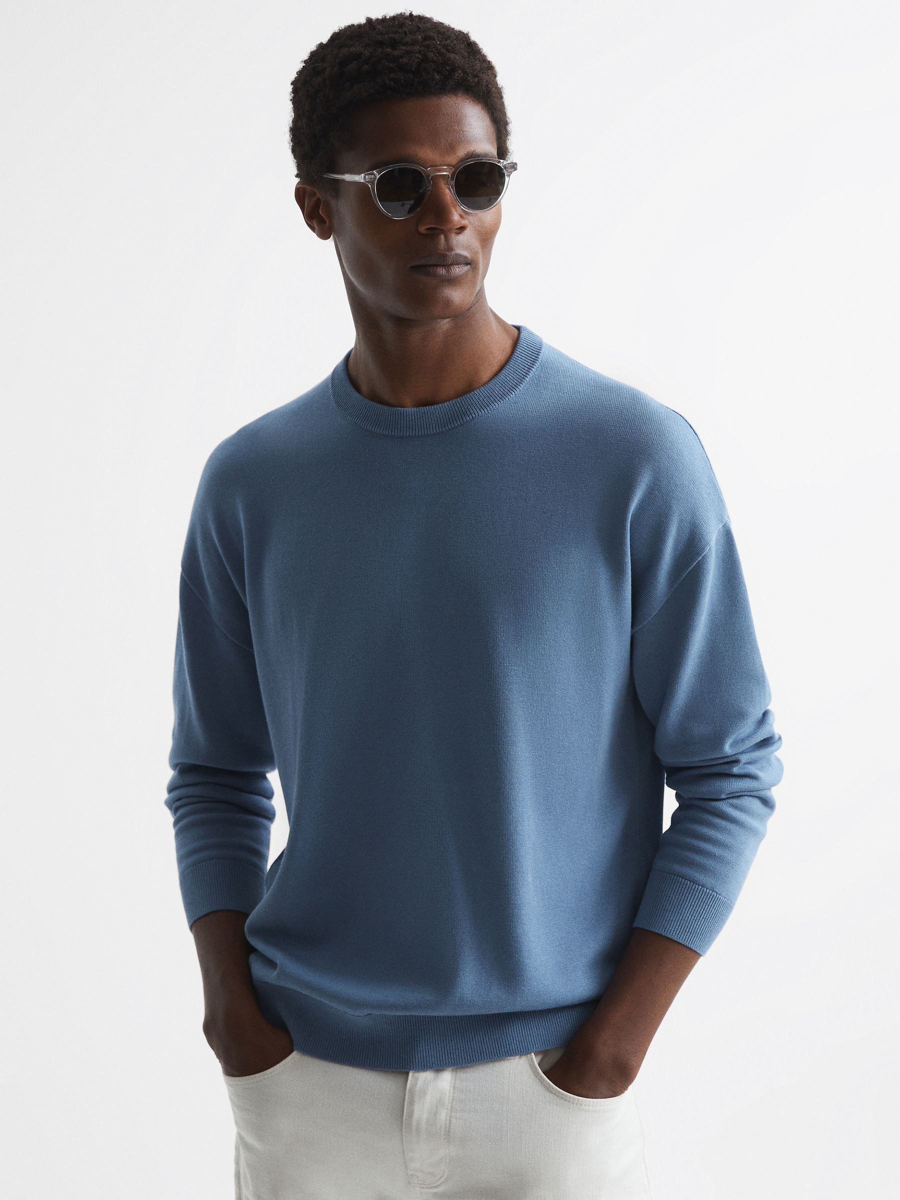 Drop Shoulder Crew Neck Jumper in Blue - Image 1 of 7