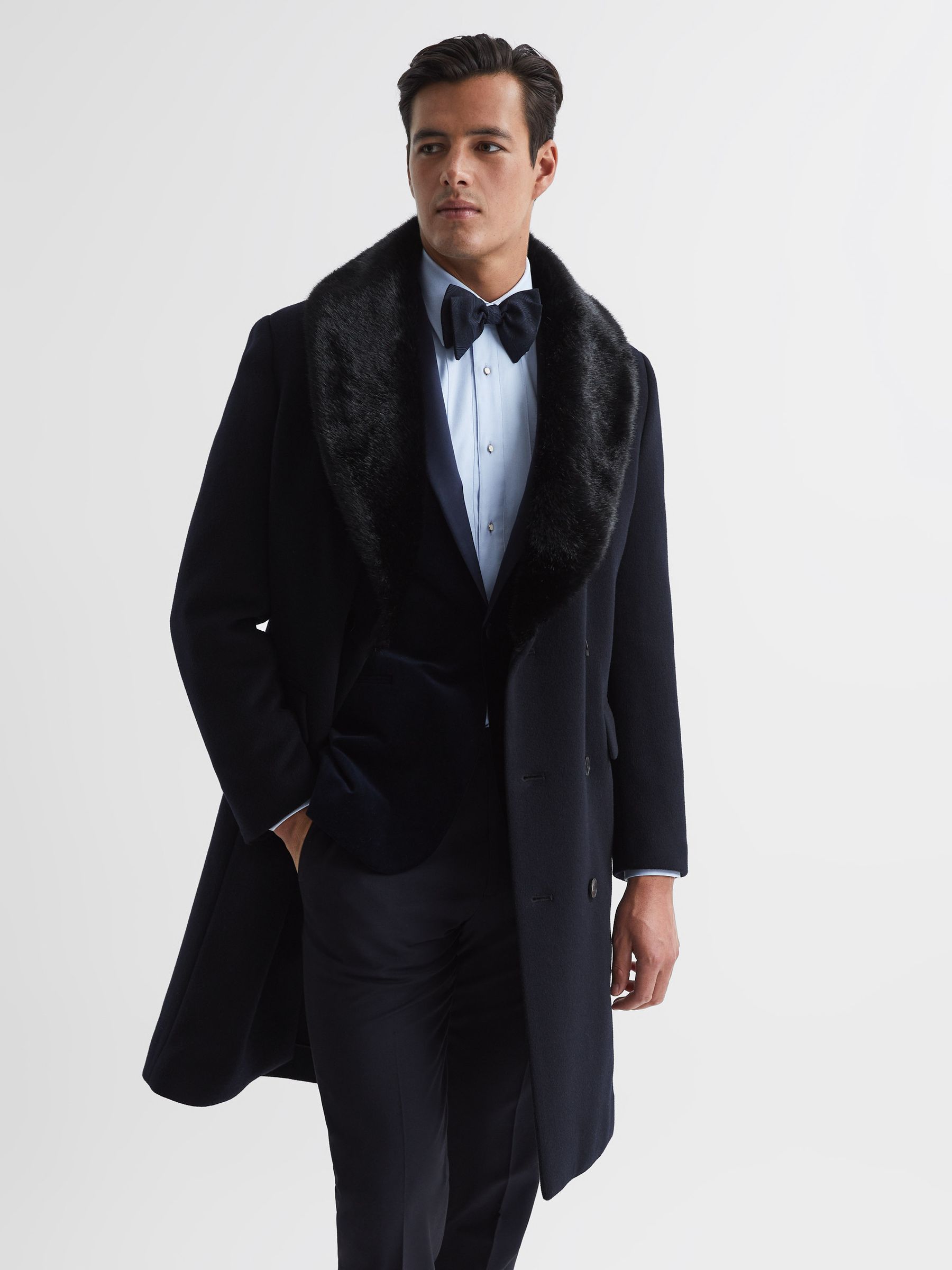 Double Breasted Faux Fur Shawl Collar Dinner Coat in Navy - Image 1 of 7